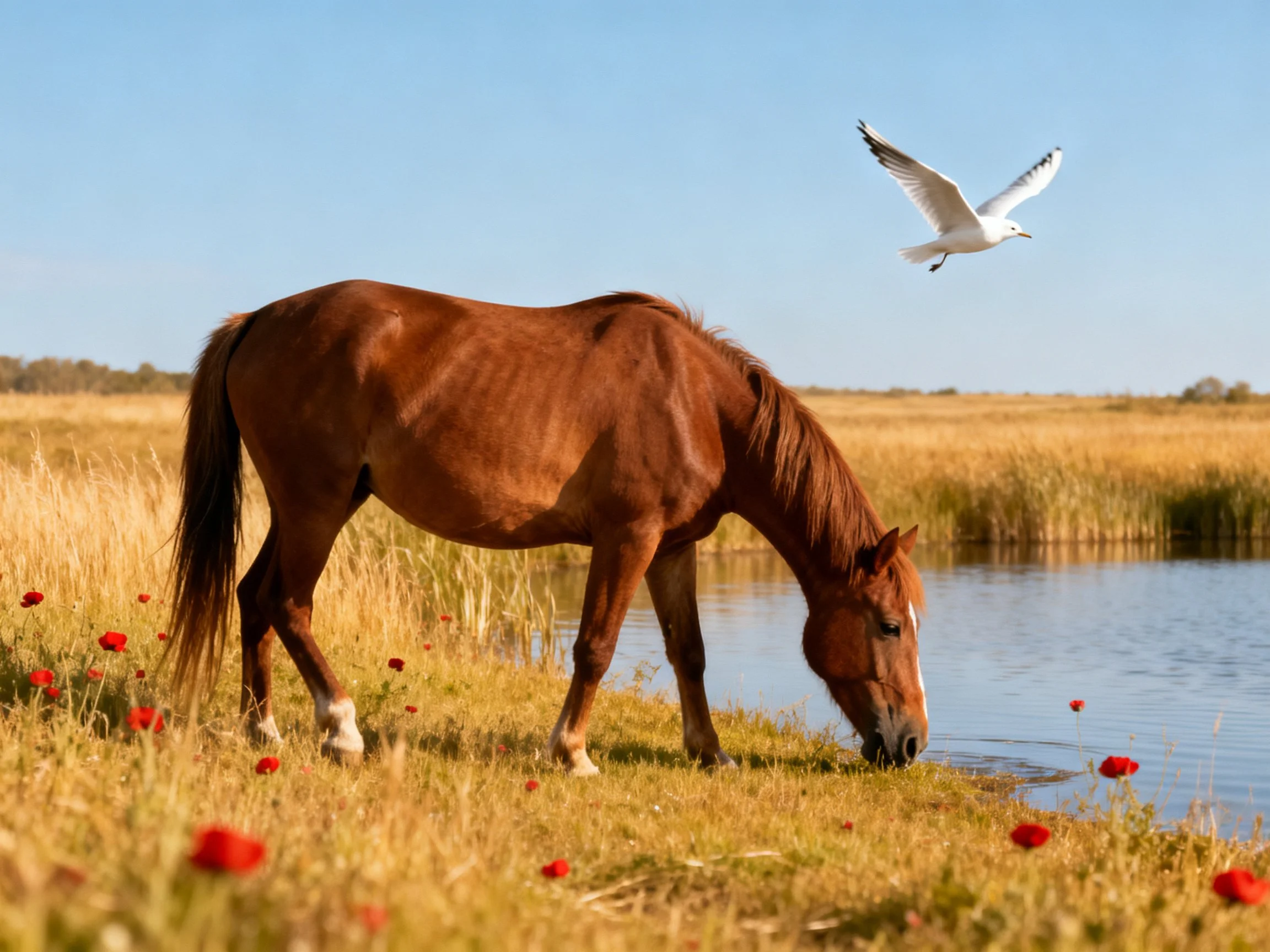 A chestnut horse drinks from a stream amid golden fields with red poppies