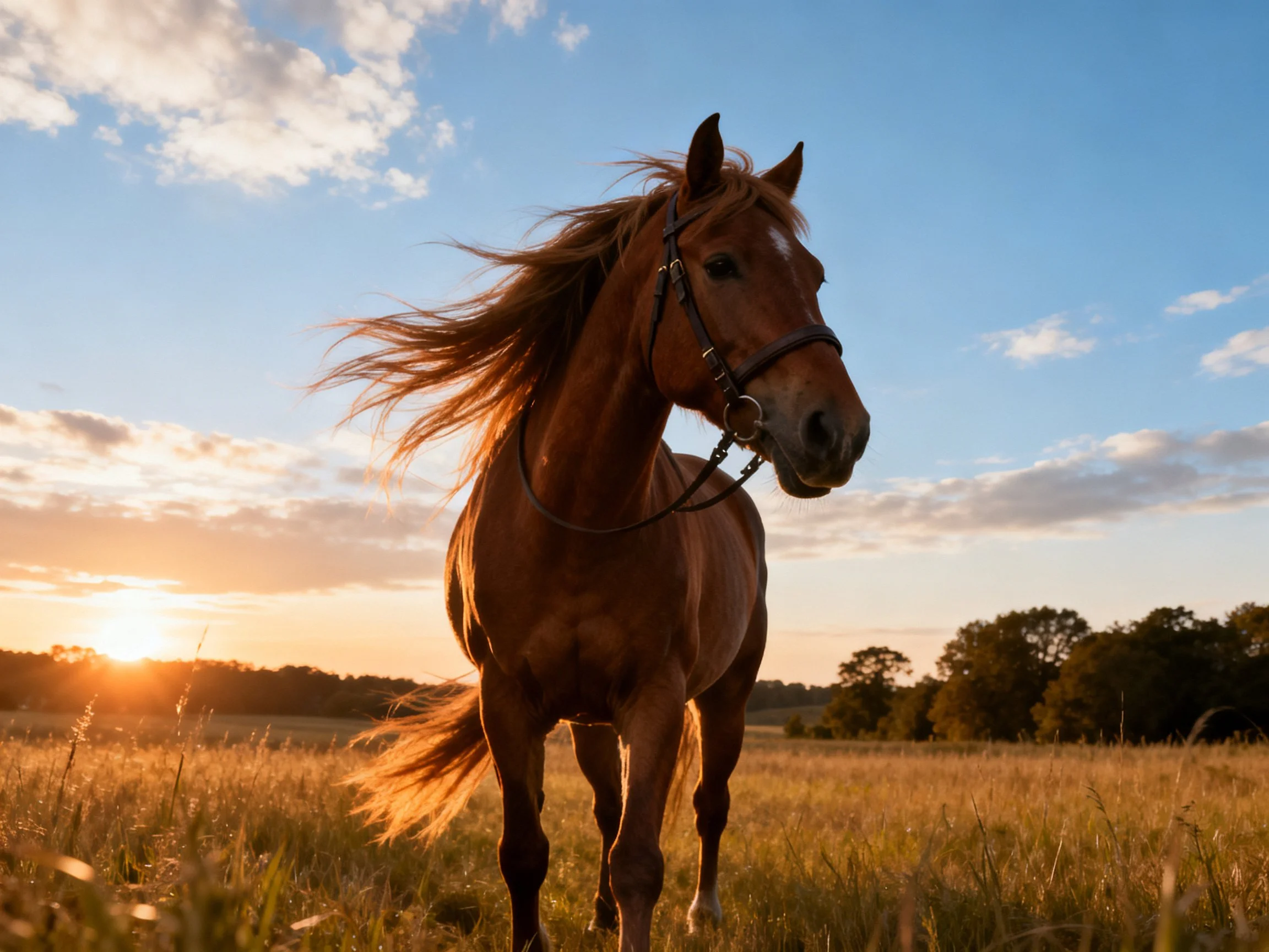 A chestnut horse galloping in golden-hour meadow