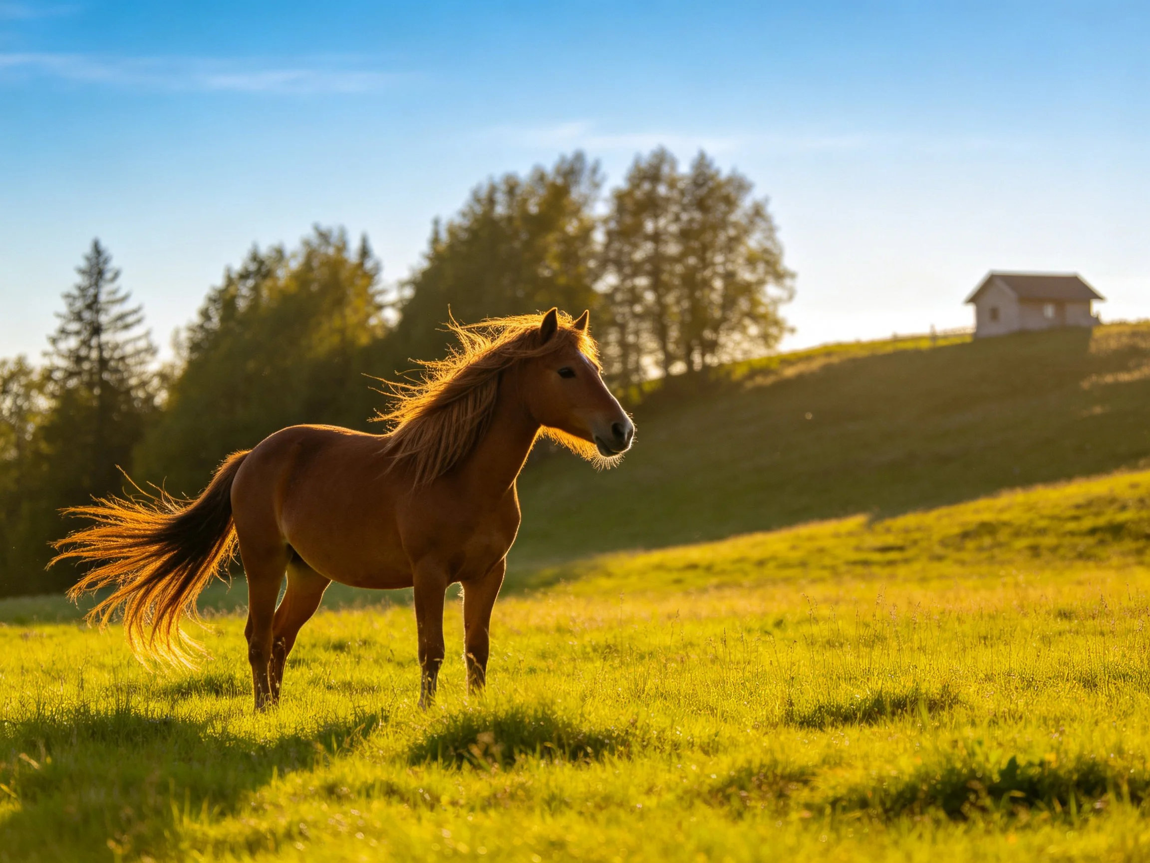 A chestnut horse stands in a golden meadow near a distant cottage