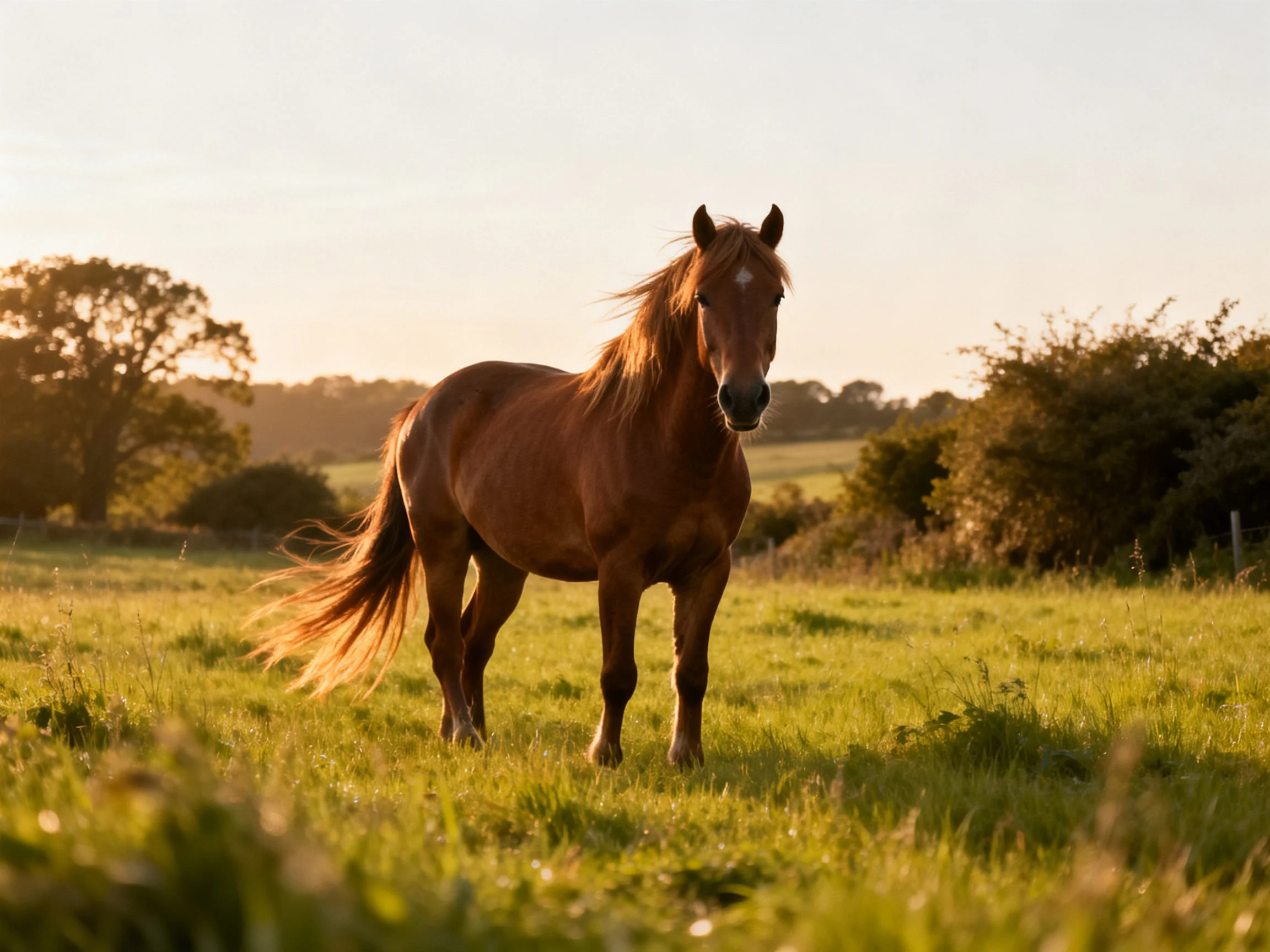 A chestnut horse stands in a sunlit green meadow