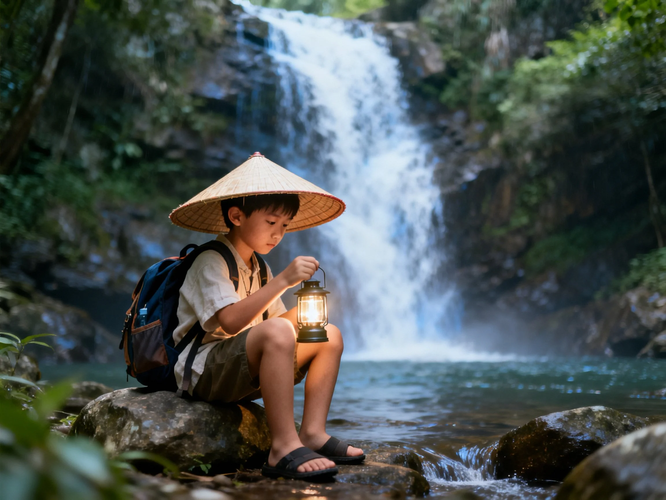 A child in a straw conical hat holds a lantern by a cascading waterfall
