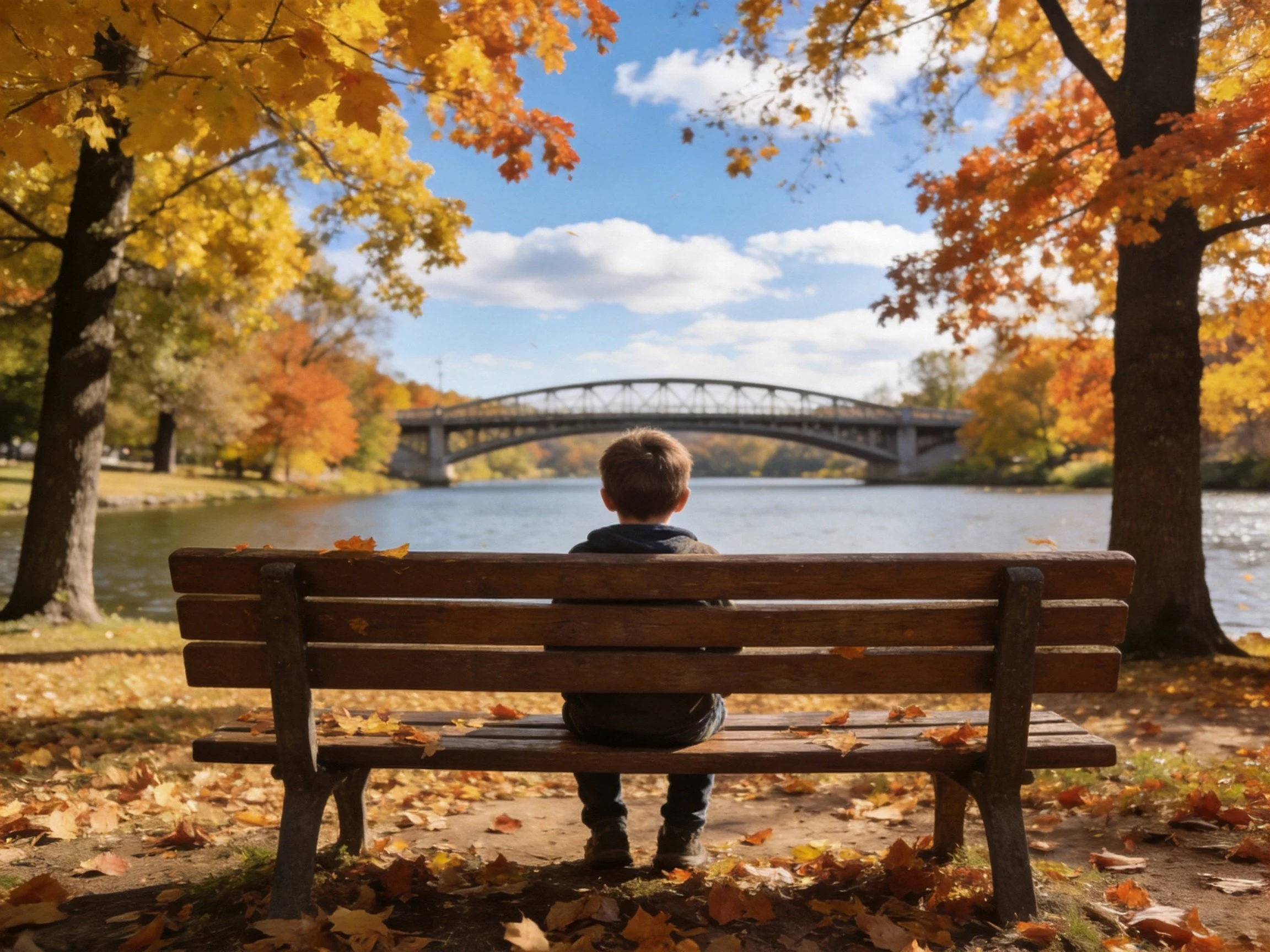 A child sits on a wooden bench by a river amid autumn trees