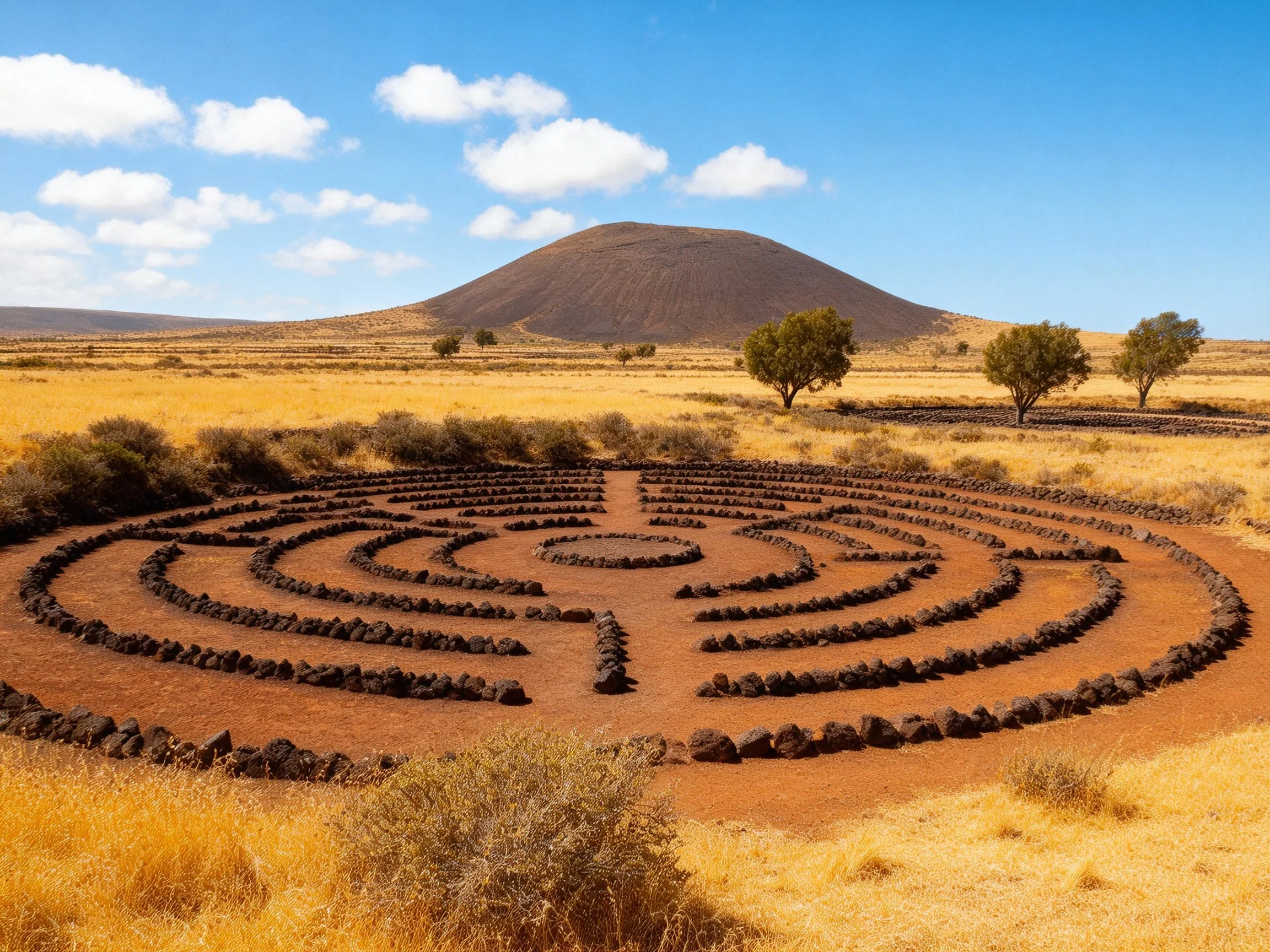 A circular stone labyrinth in golden field by brown hill