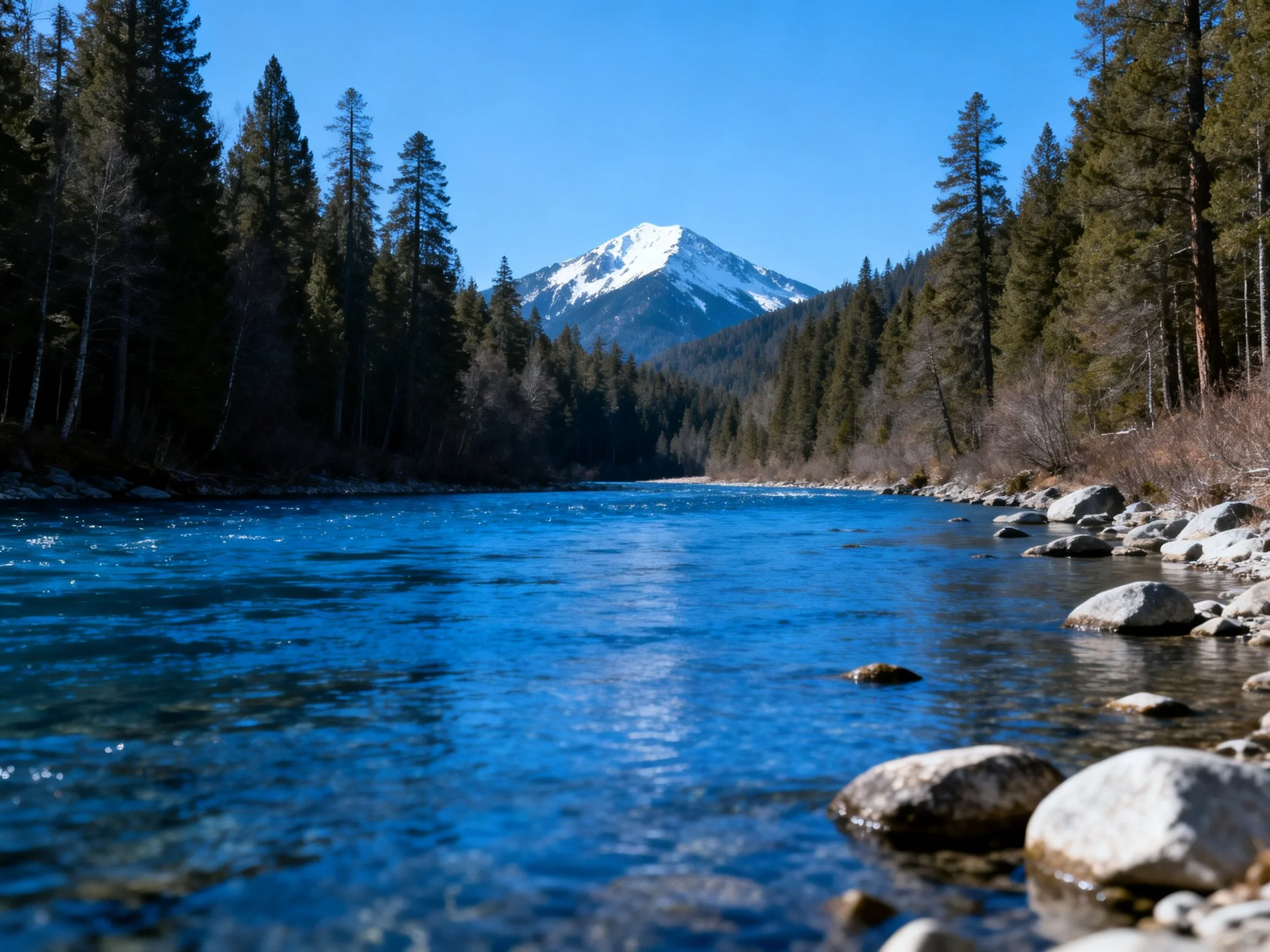 A clear blue river flows past rocky banks toward a snow-capped mountain.