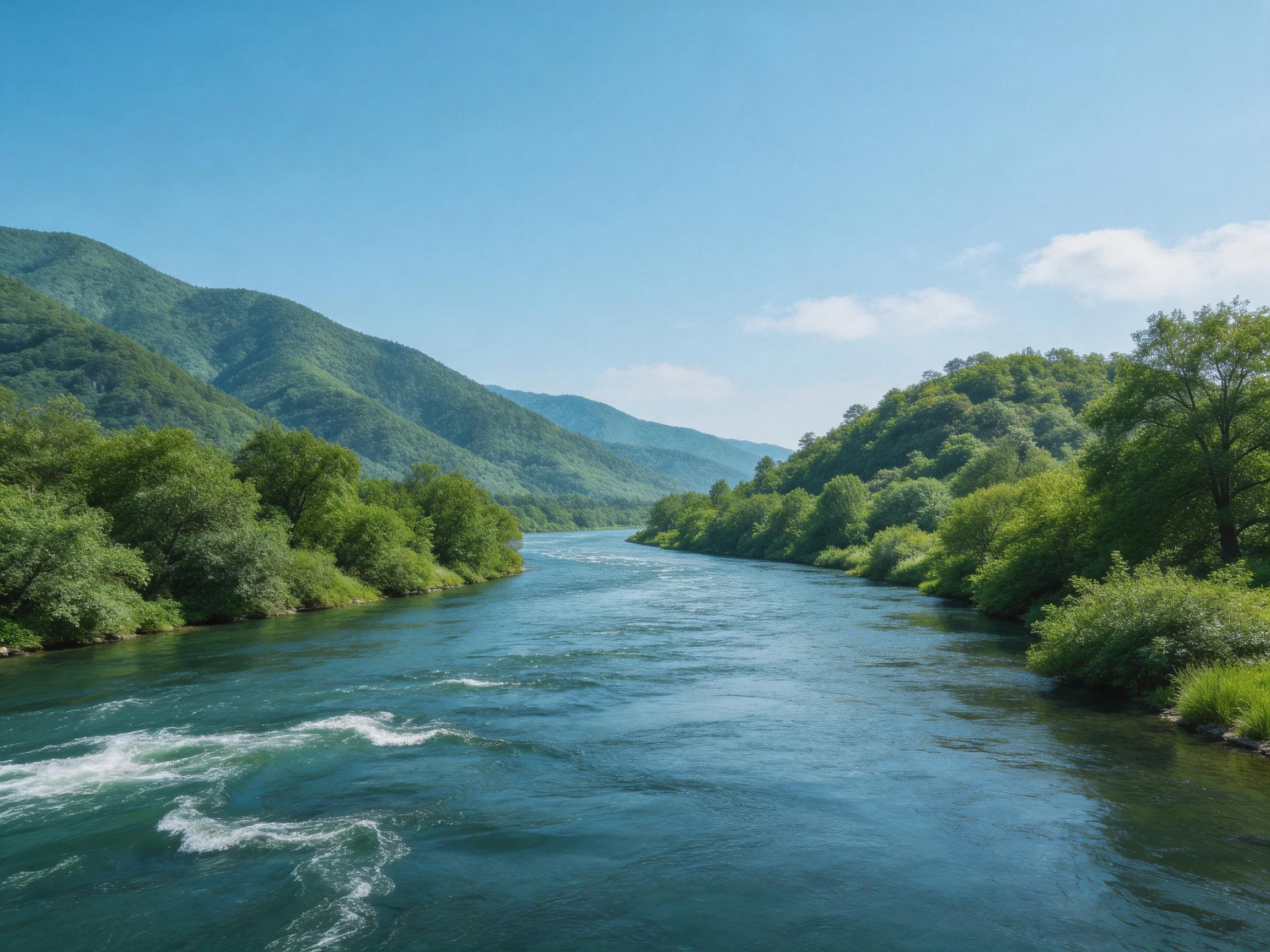 A clear blue river winds through dense green forests and rolling mountains