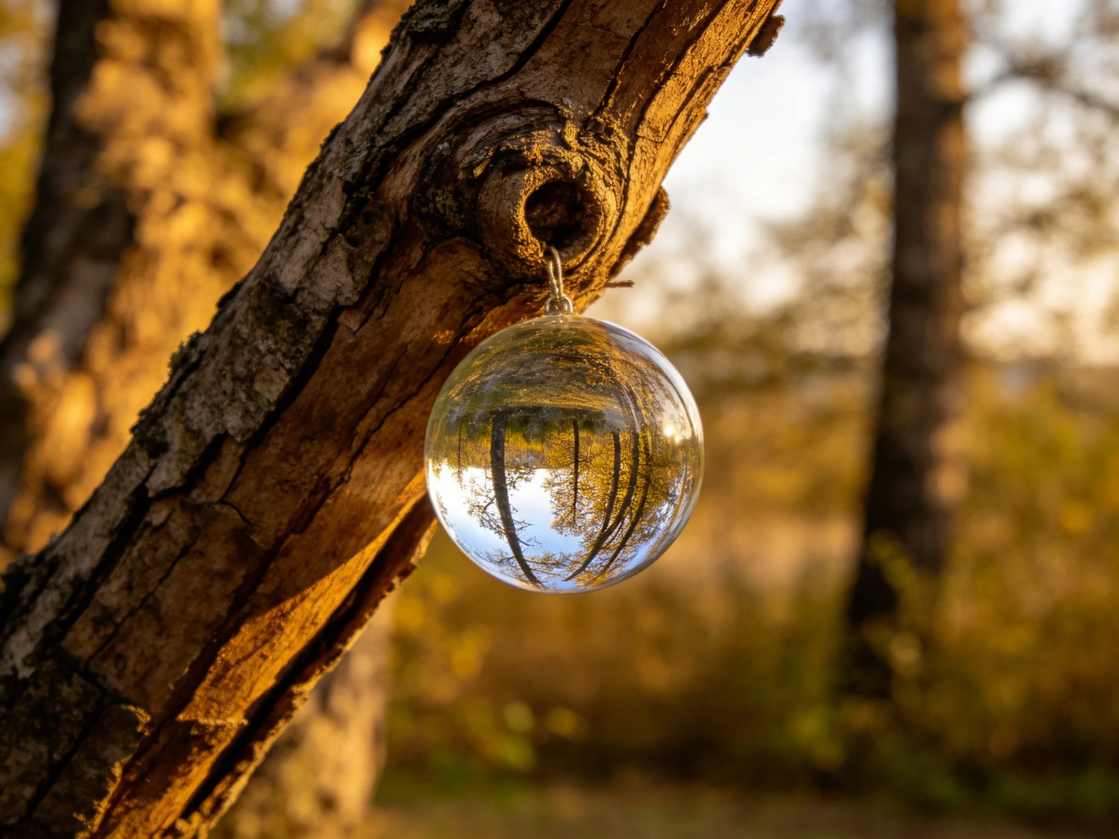 A clear glass orb hangs from a textured brown tree trunk