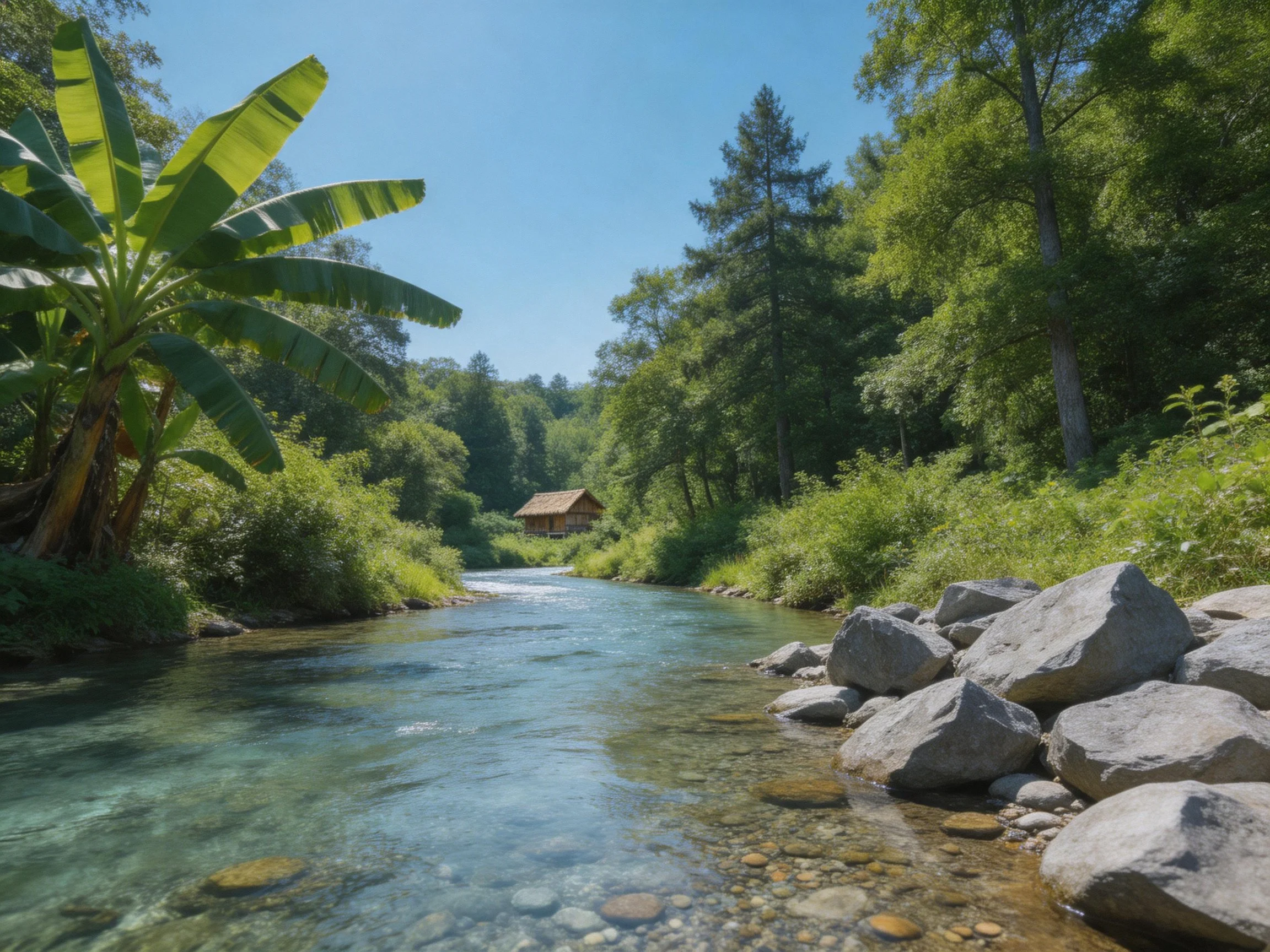 A clear river flows past rocky shores and lush greenery with a wooden cabin