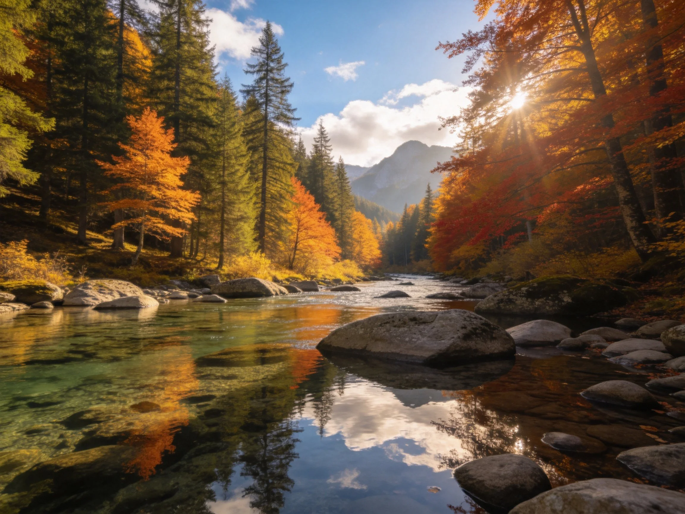 A clear river winds through vibrant autumn forests near misty mountains