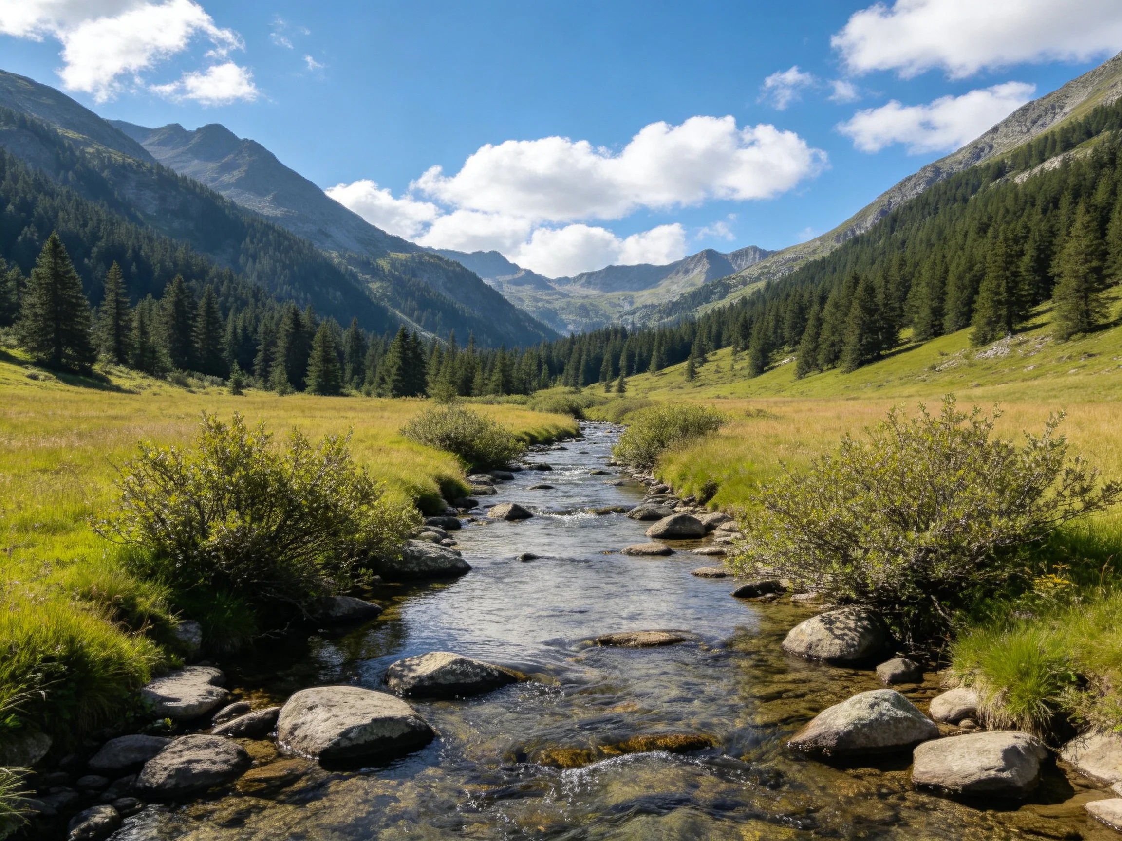 A clear stream winds through green meadows and forested mountains
