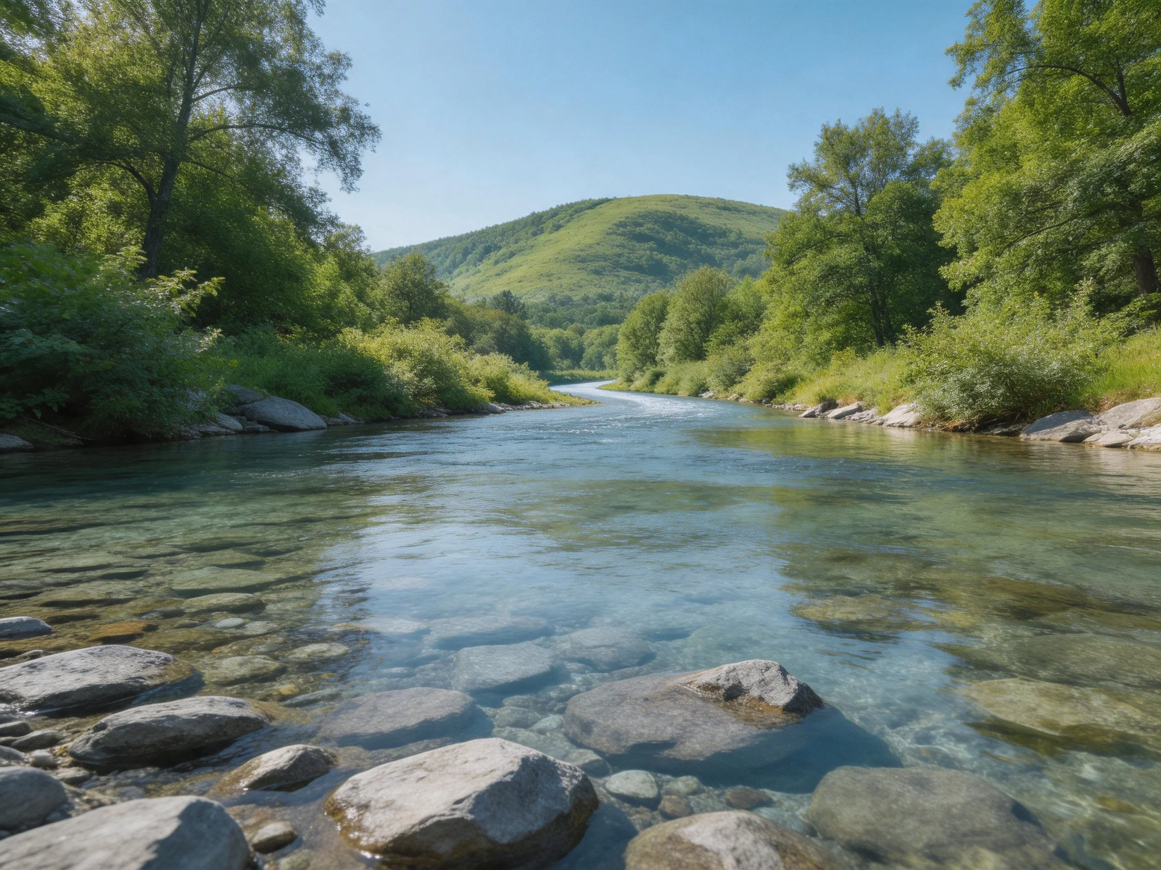 A clear stream with smooth rocks, lush greenery, and rolling hills