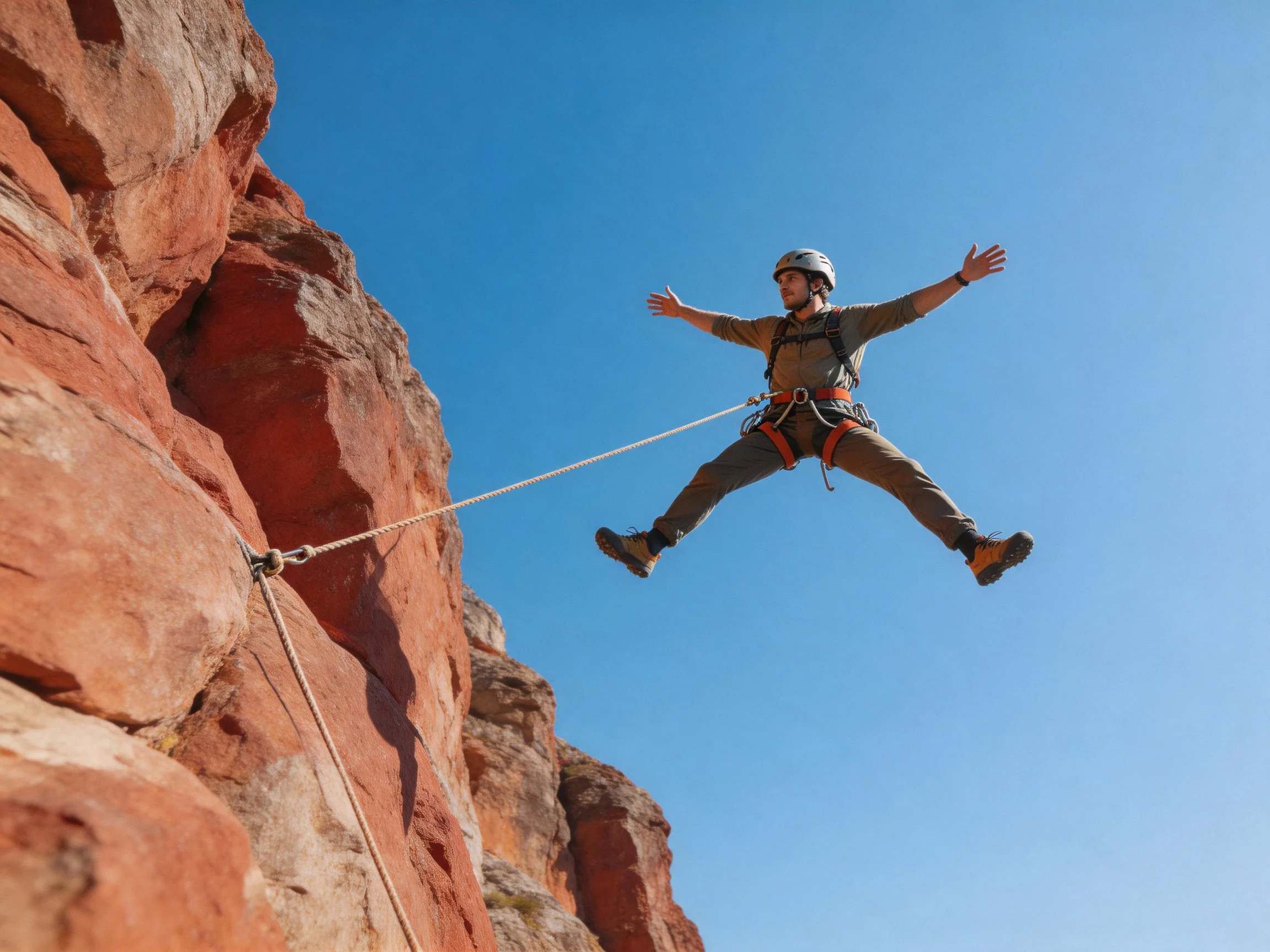 A climber leaps from a red cliffside with a safety rope attached