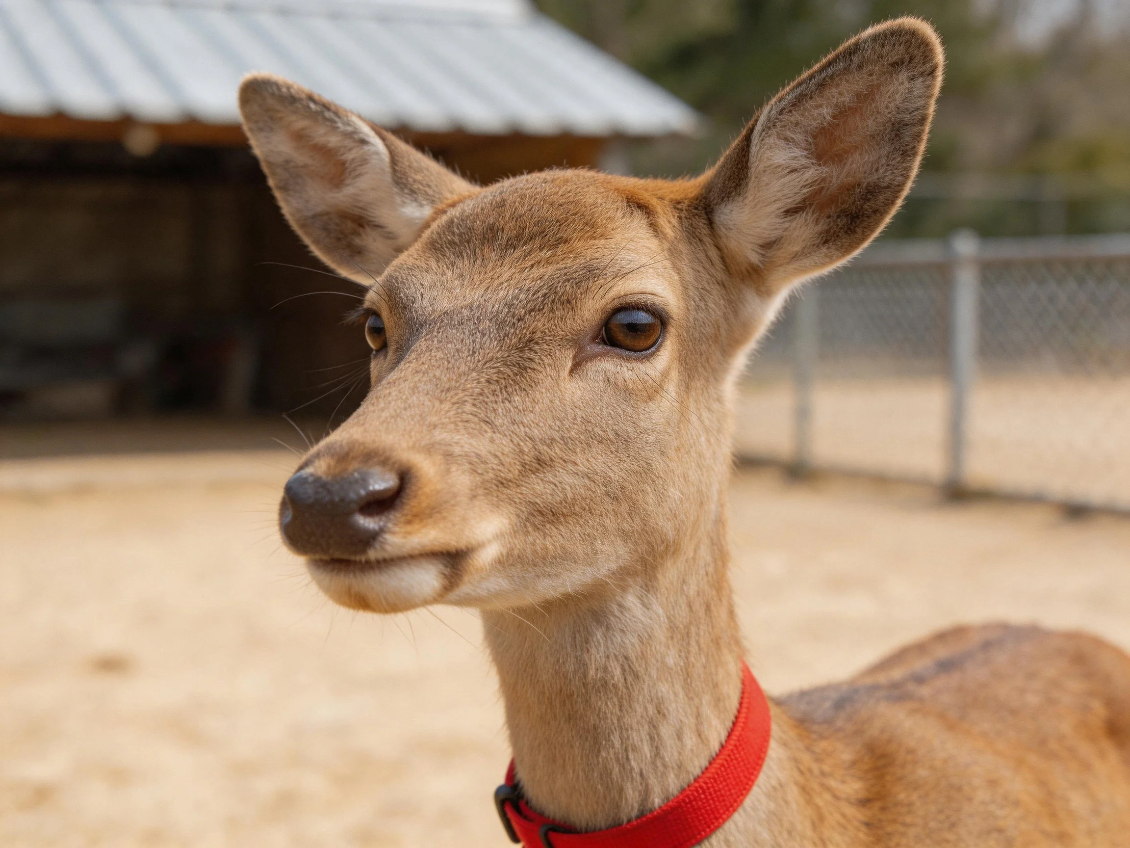 A close - up of a brown deer with a bright red collar
