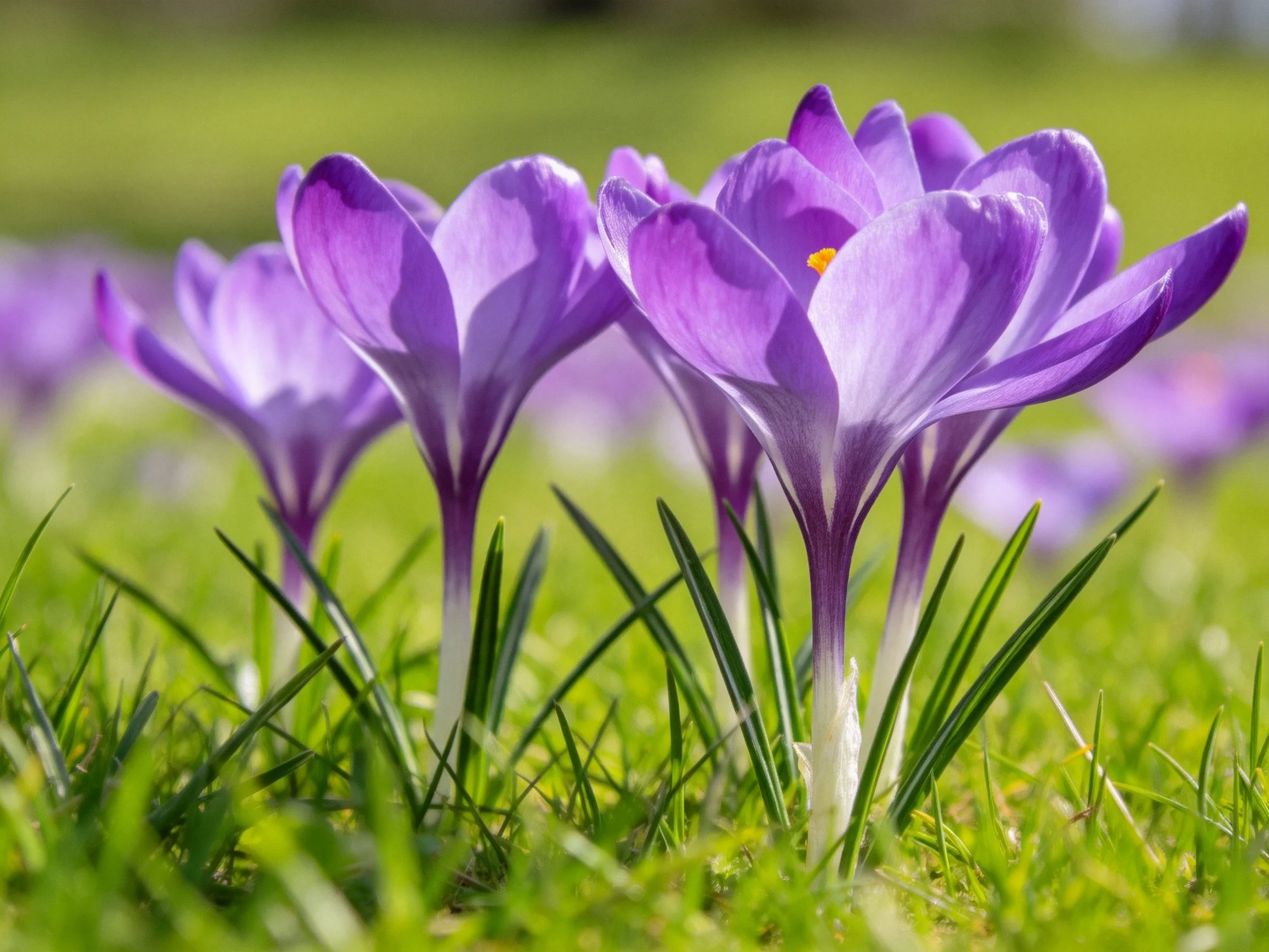 Purple crocus flowers bloom vibrantly among green grass in a sunlit outdoor setting.
