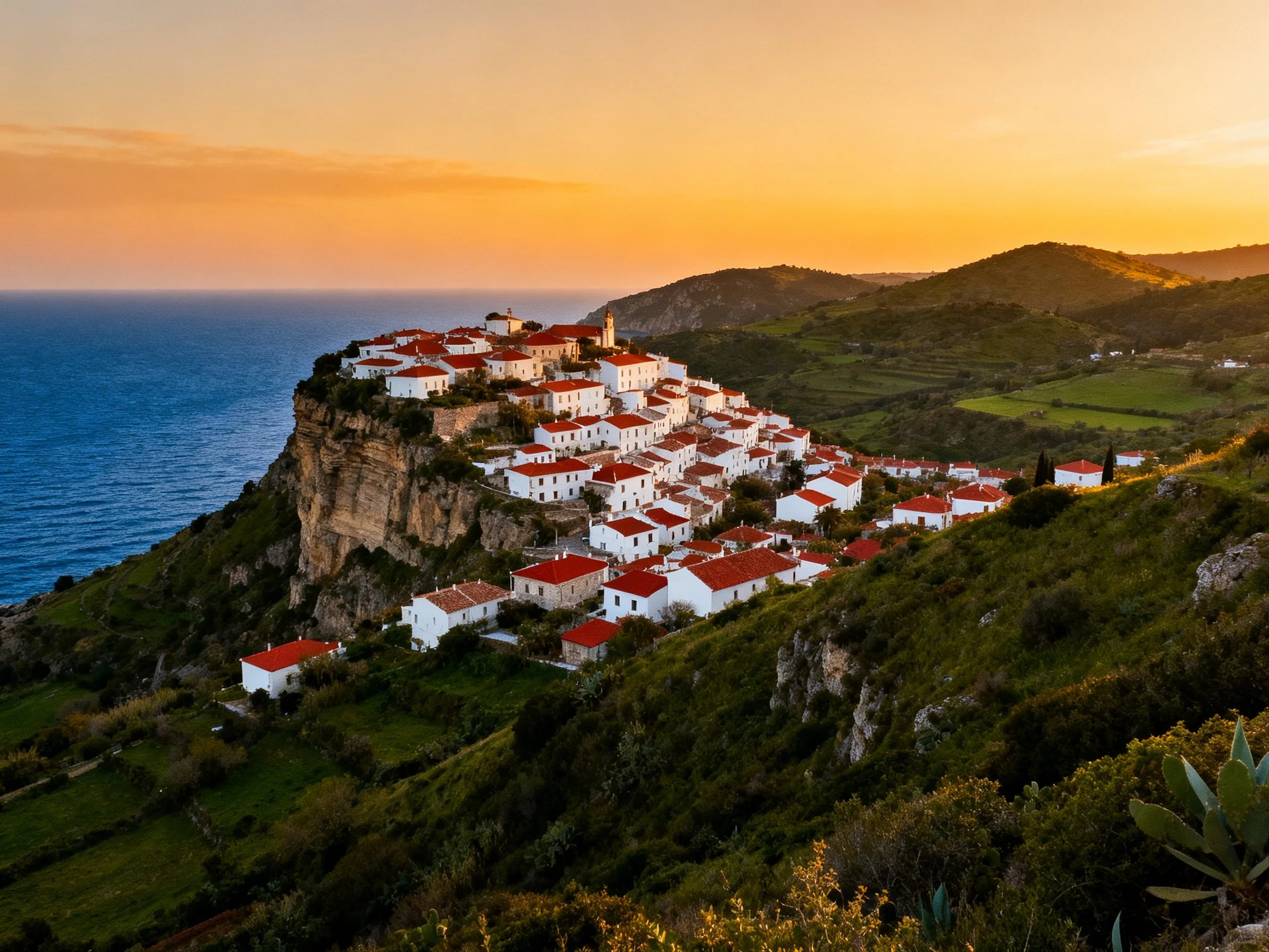 A coastal cliffside village with white houses and red roofs at sunset