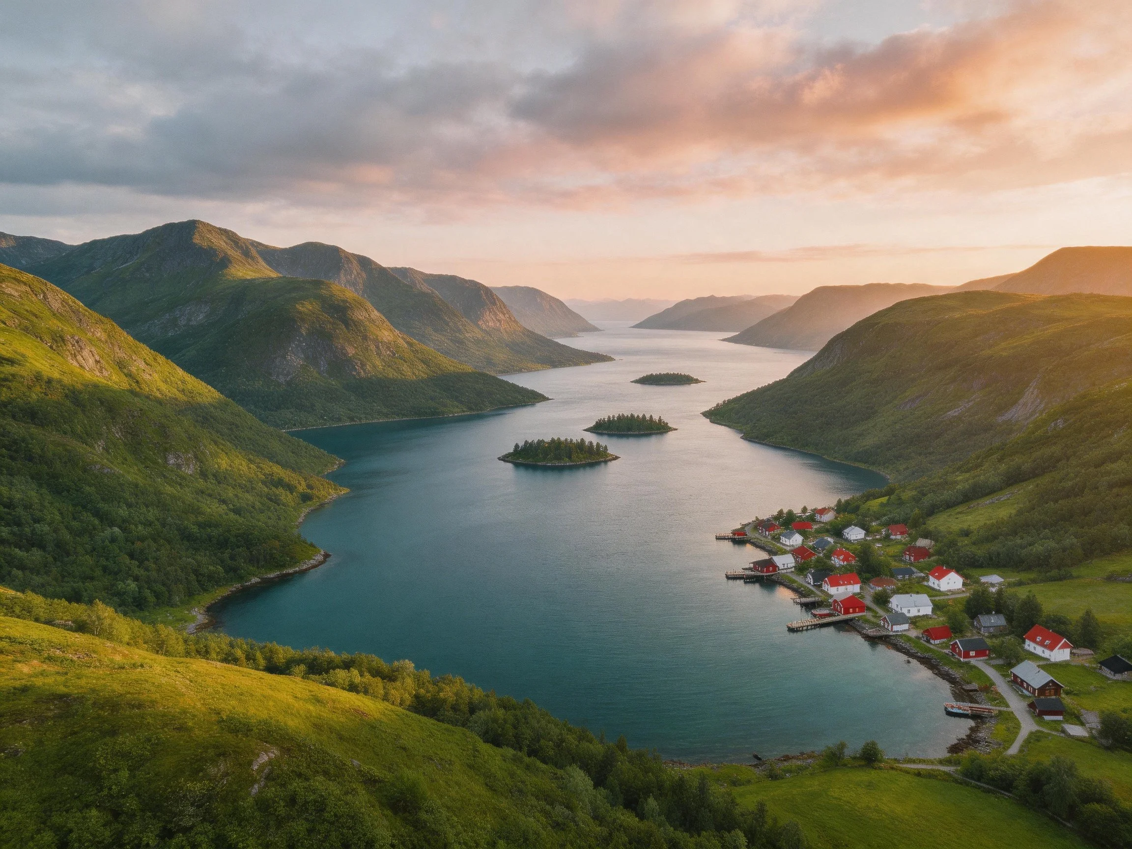 A coastal village with red-roofed homes near lush green mountains and calm waters