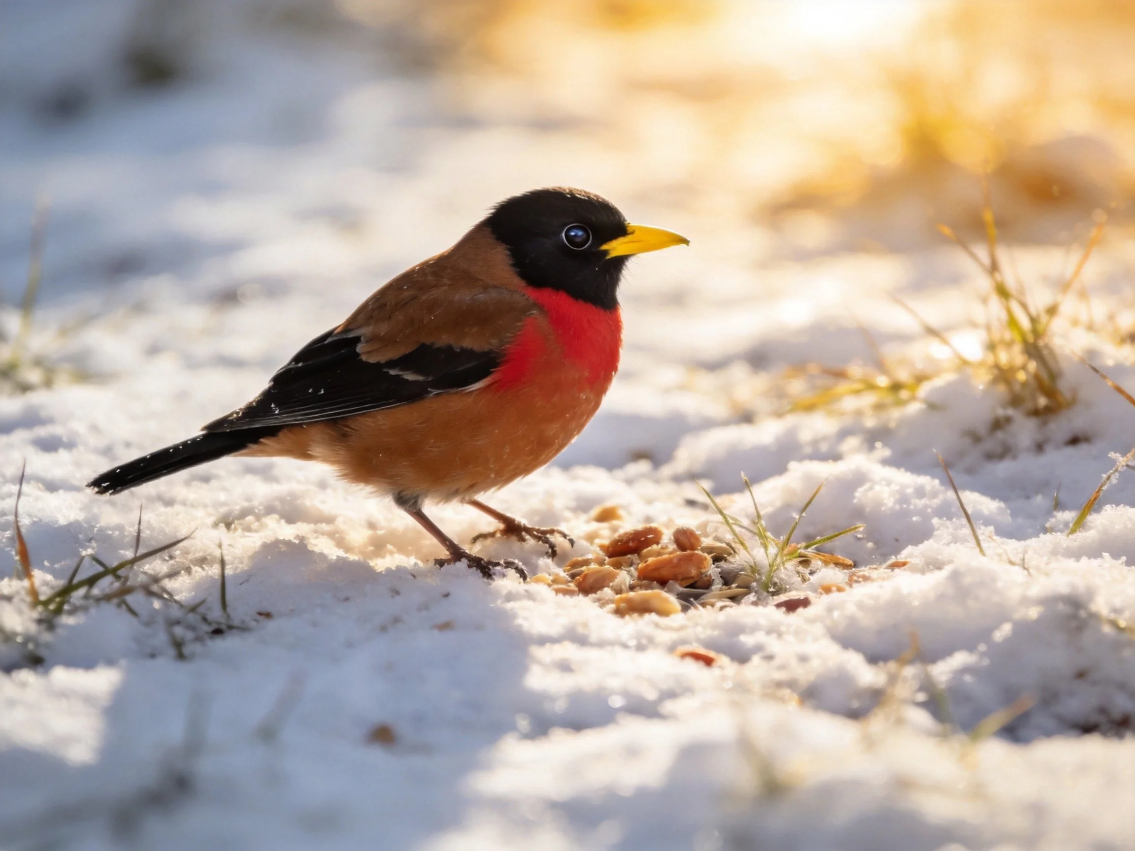 A colorful bird with red chest, yellow beak, on snowy ground near seeds