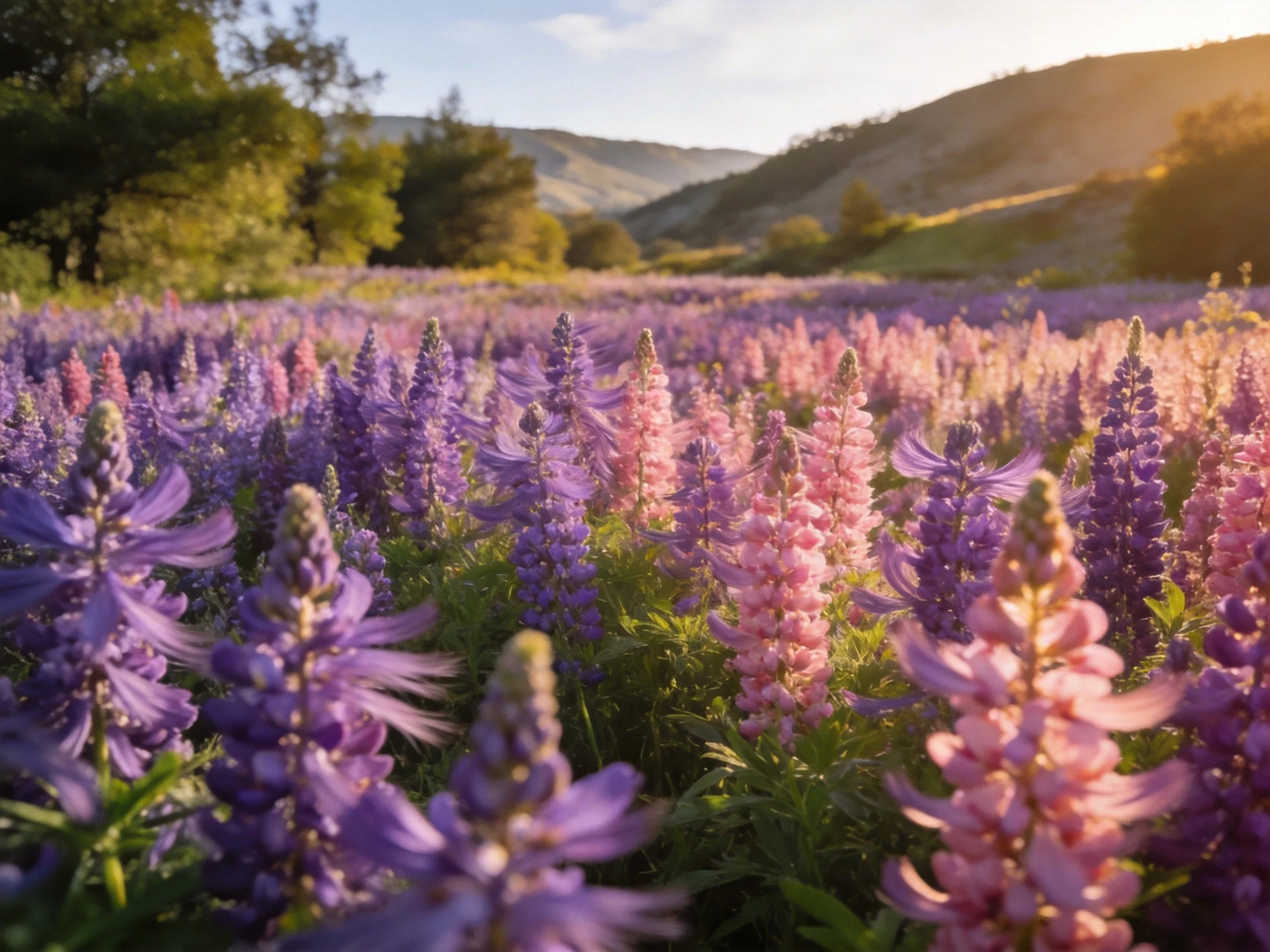 A colorful field of purple and pink lupines near rolling hills