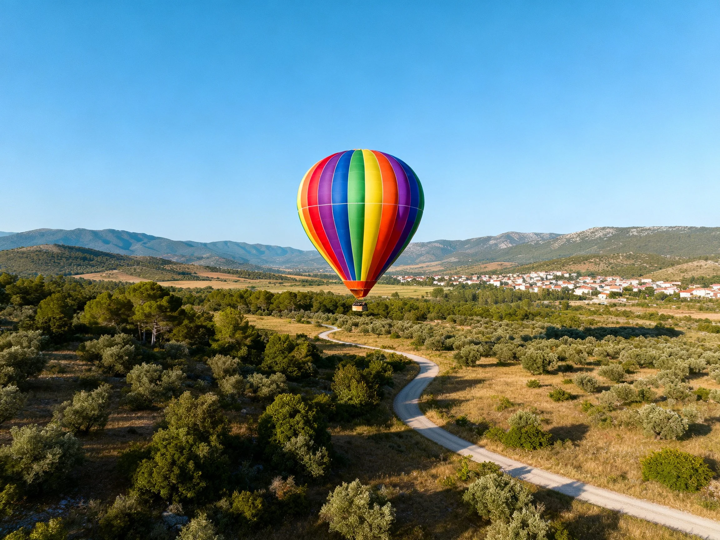 A colorful striped hot air balloon drifts over a scenic countryside