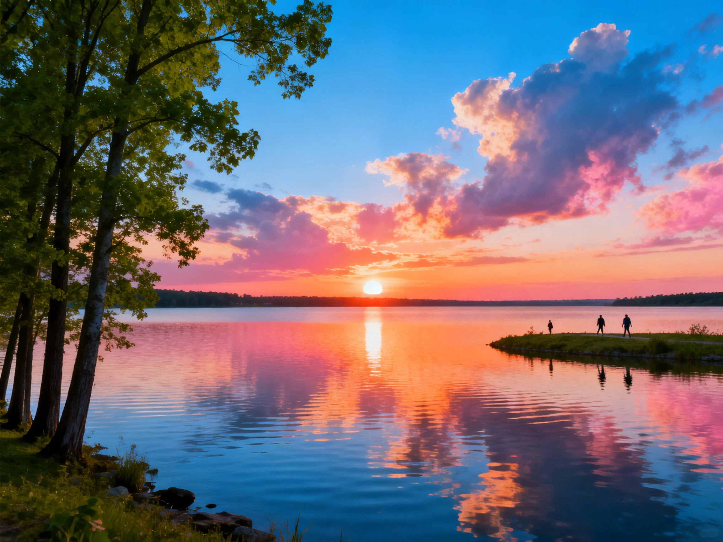 A colorful sunset over calm waters with tall trees and silhouetted figures