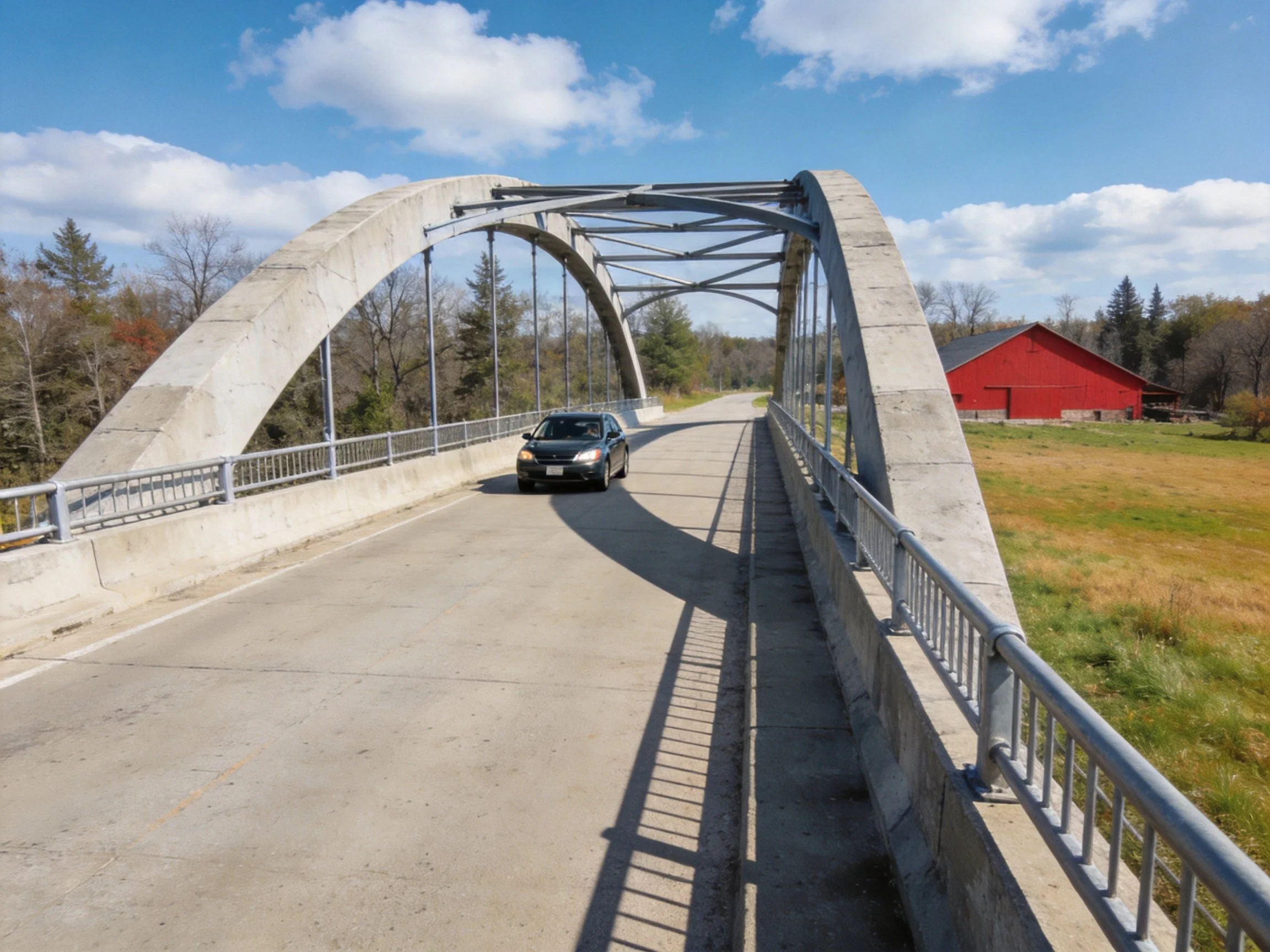 A concrete arch bridge with a black car crossing near a red barn