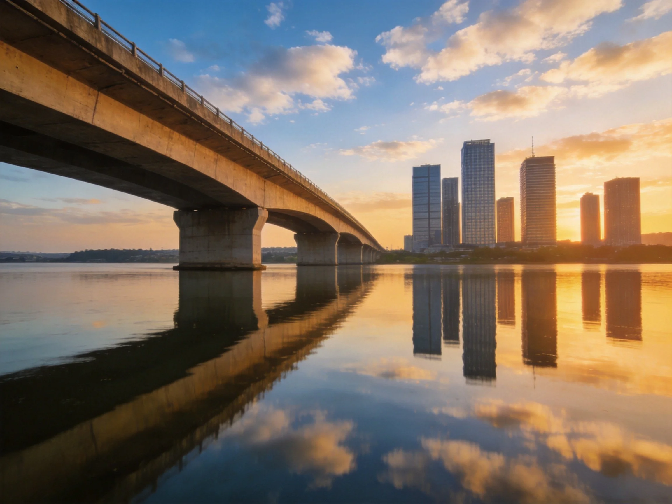 A concrete bridge spans calm water near modern skyscrapers at golden hour