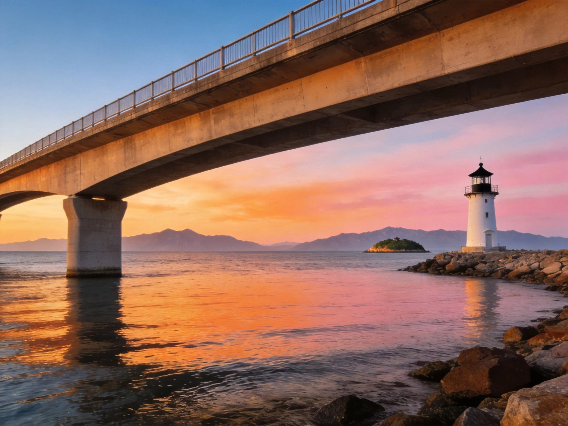 A concrete bridge spans calm waters near a white lighthouse at sunset