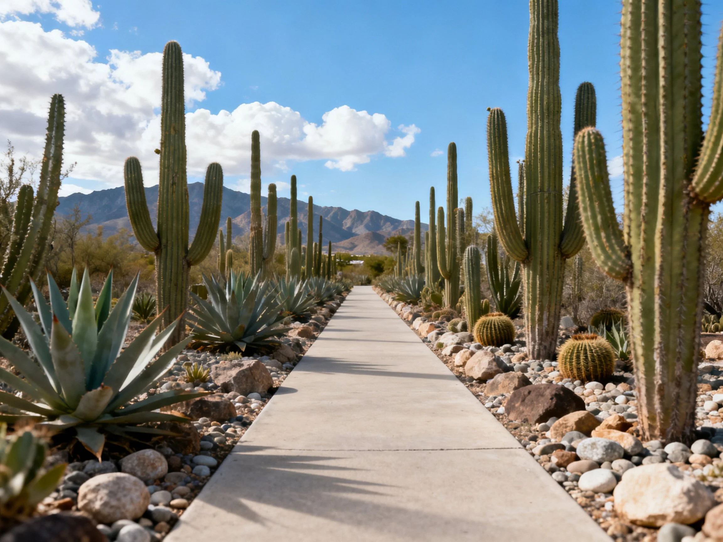 A concrete pathway runs between rows of cacti and desert plants with distant mountains
