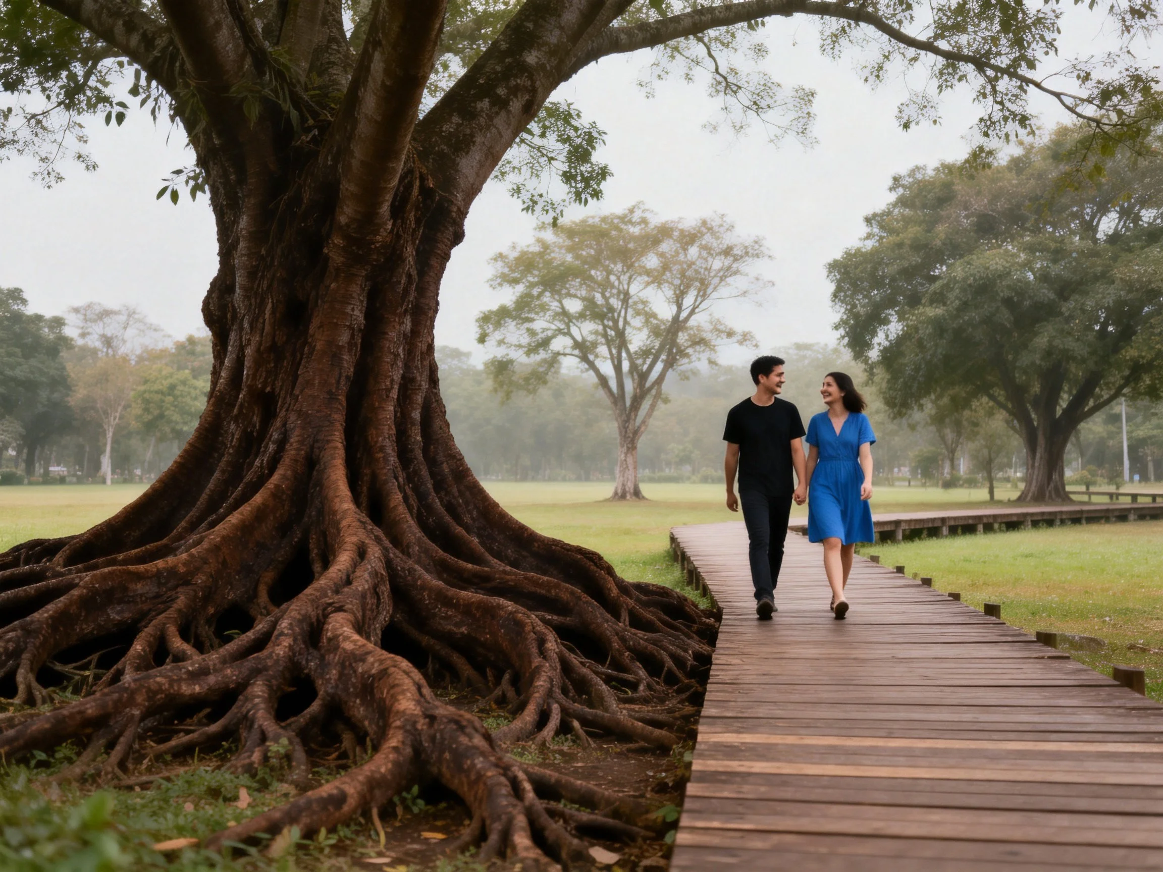 A couple walks past a giant tree with sprawling roots on a wooden path