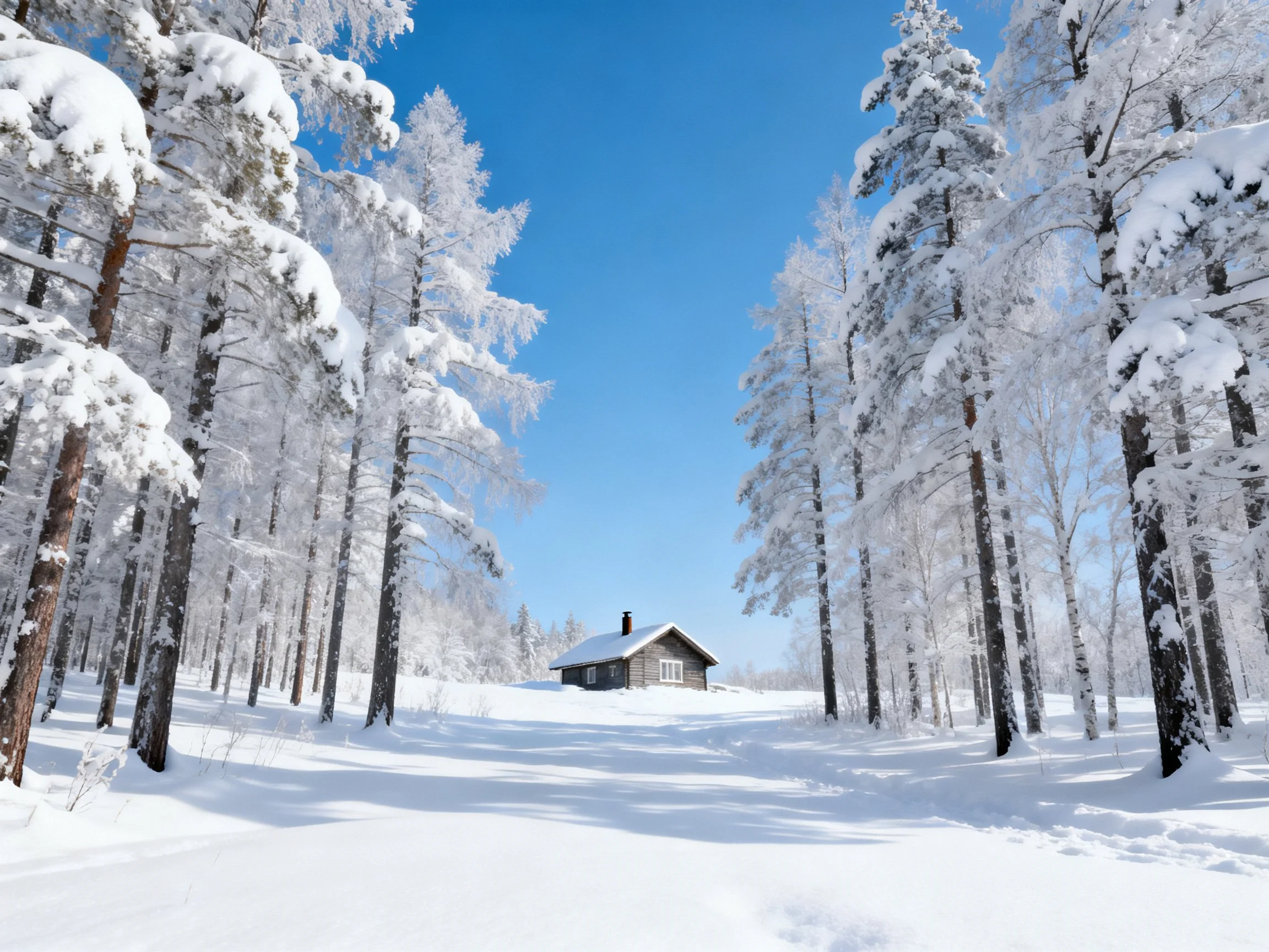 A cozy cabin nestled among snow-laden trees under bright blue sky