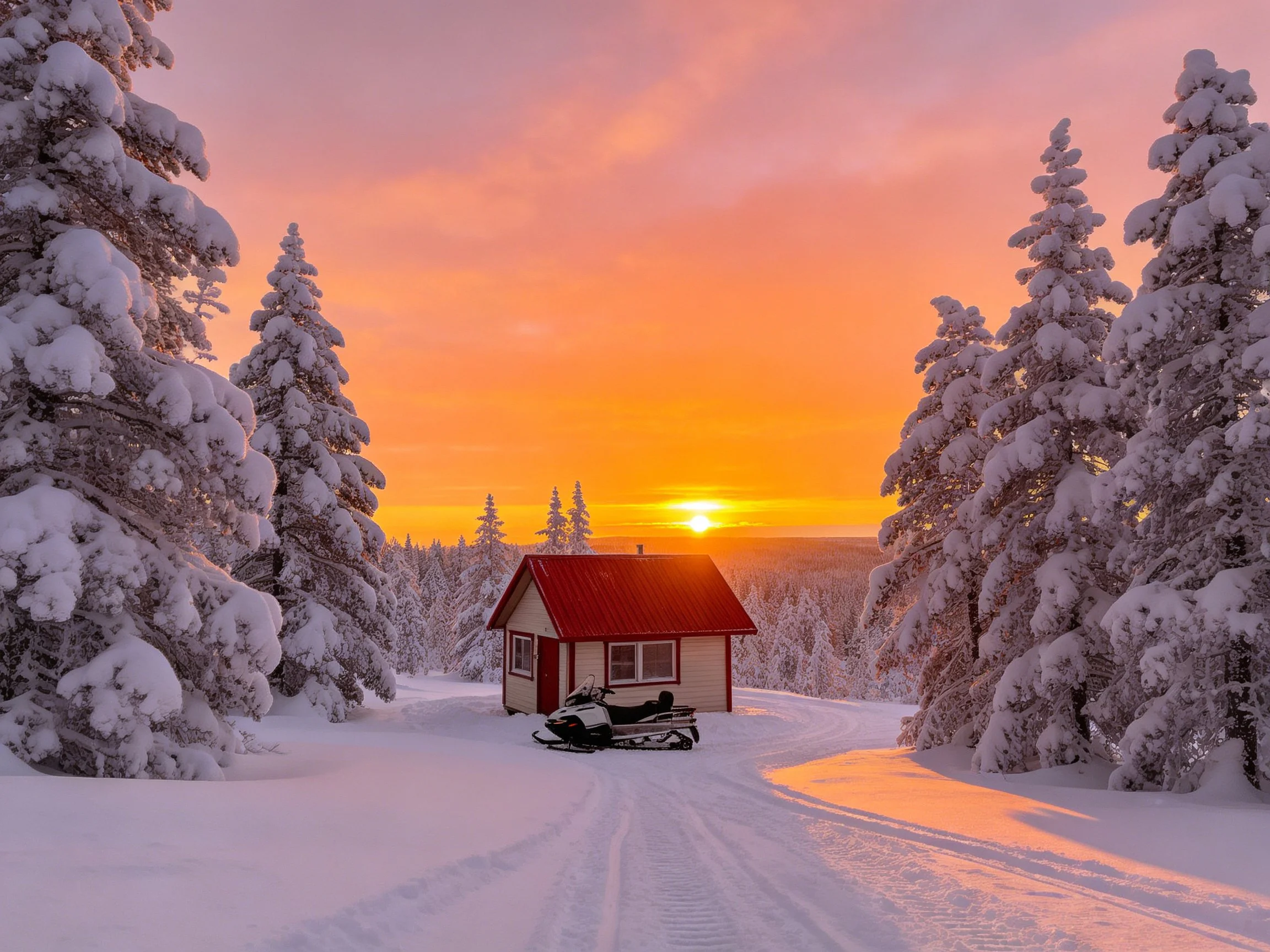 A cozy cabin with red roof amid snow-laden evergreens at sunset