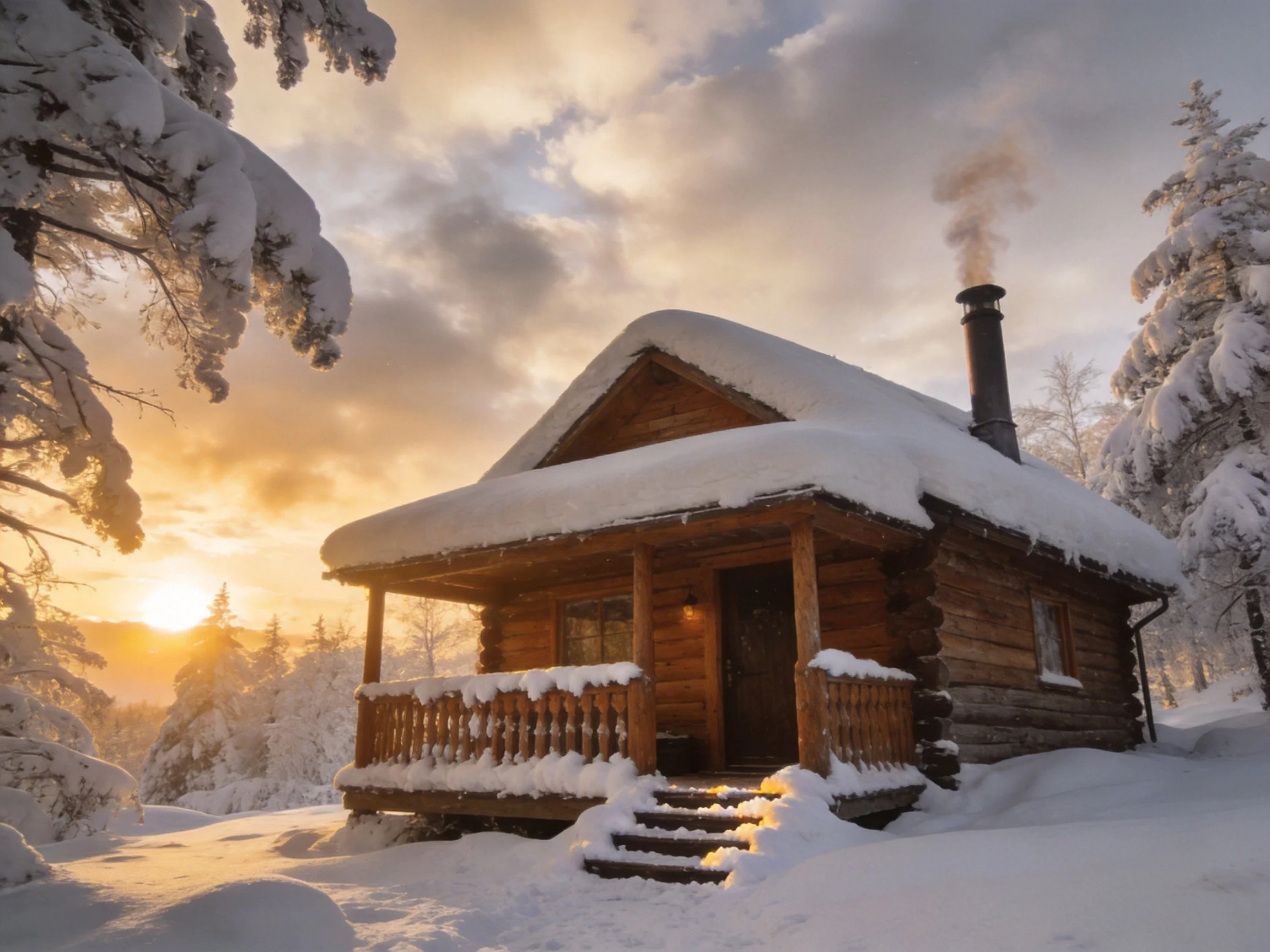 A cozy log cabin blanketed in snow under golden sunset light
