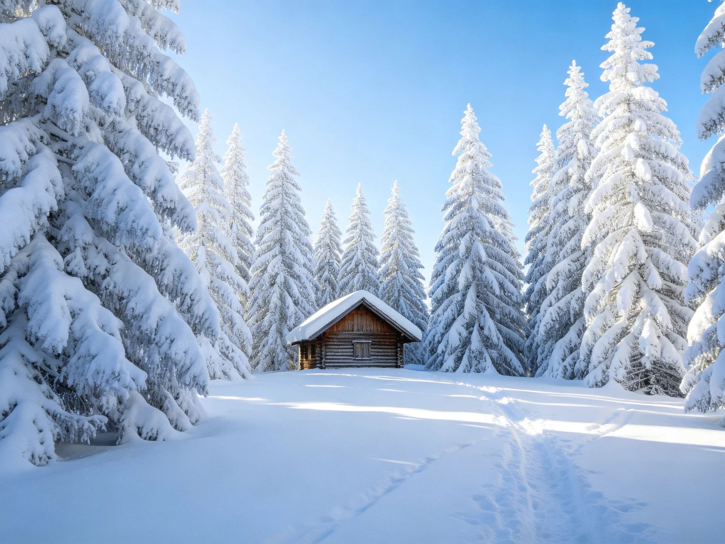 A cozy log cabin surrounded by tall snow-laden evergreen trees under clear blue sky