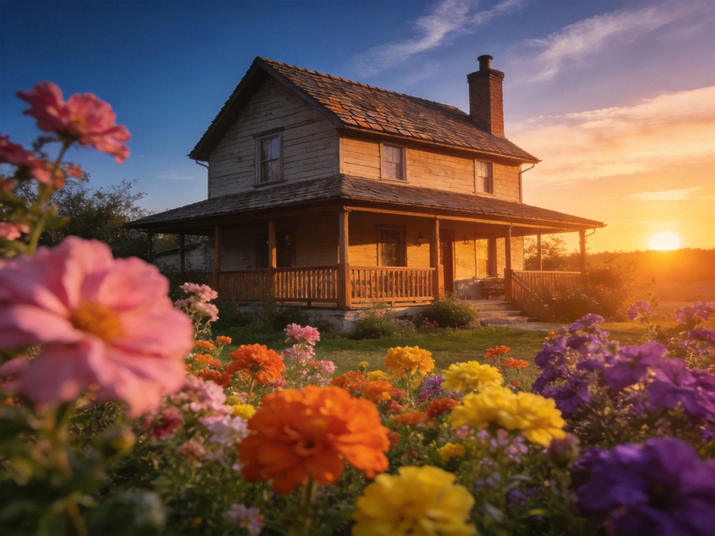 A cozy two-story wooden house with colorful flowers at sunset