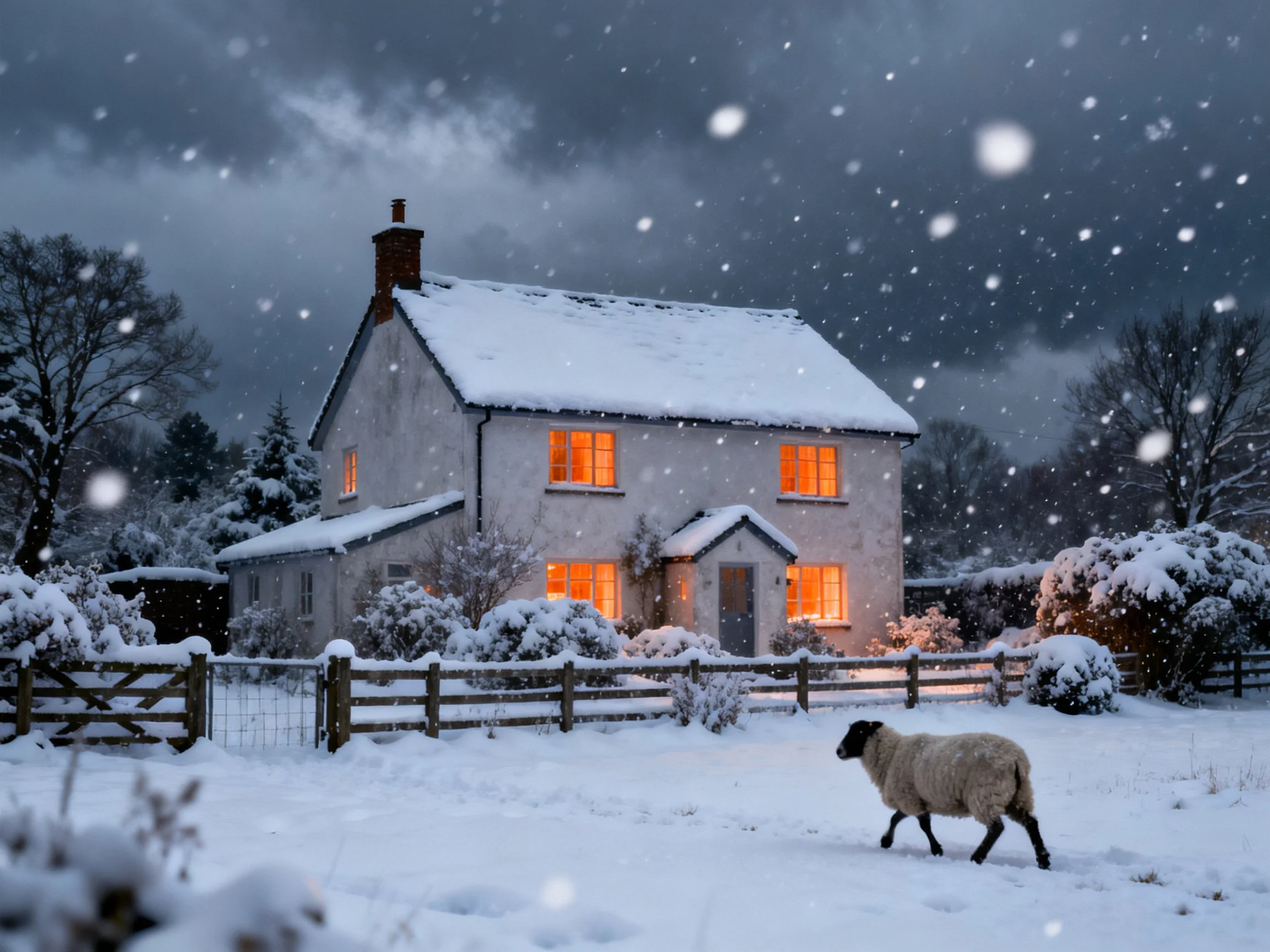 A cozy white two - story cottage blanketed in snow