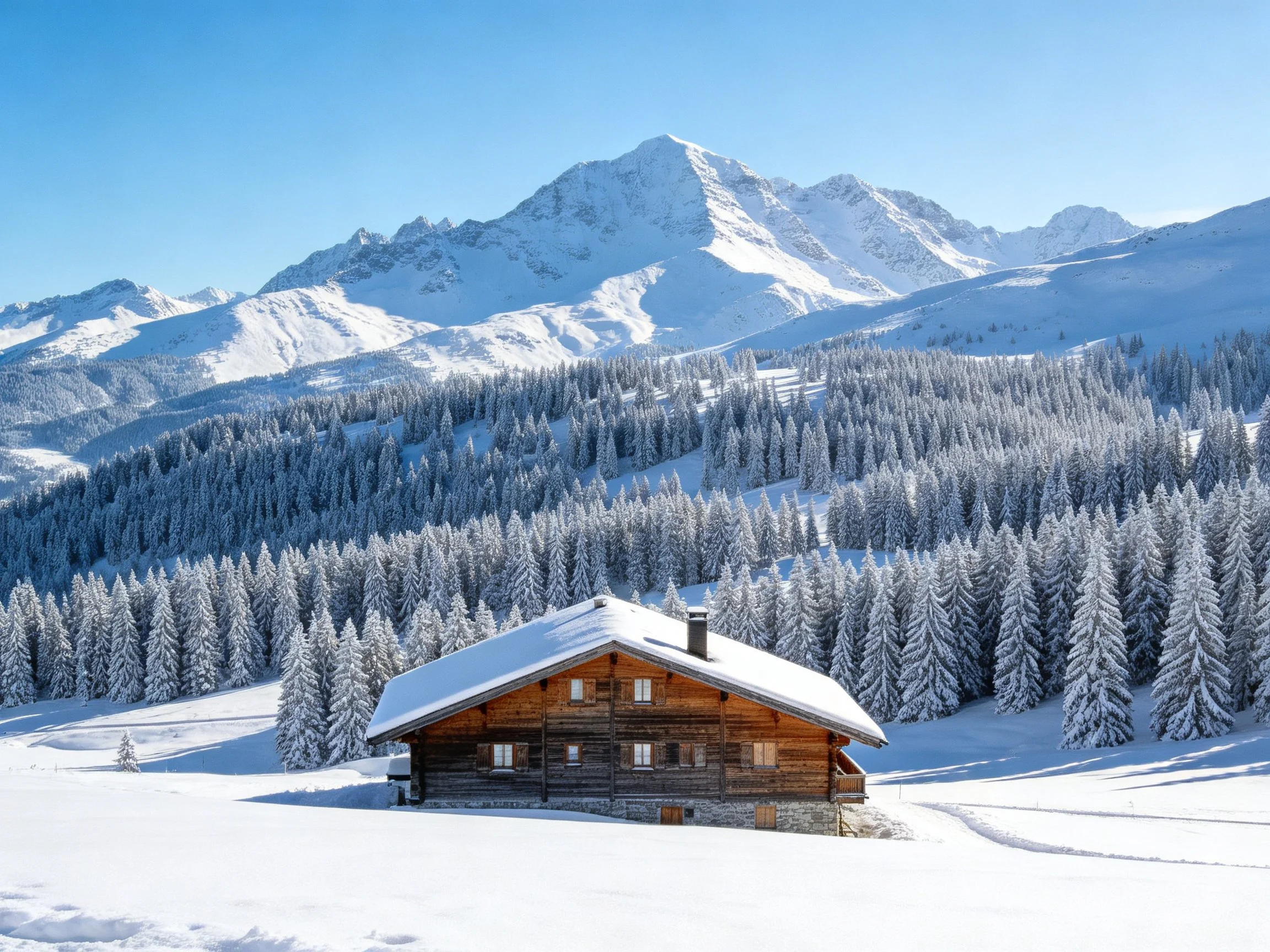 A cozy wooden cabin amid snow - draped pines and towering alpine summits