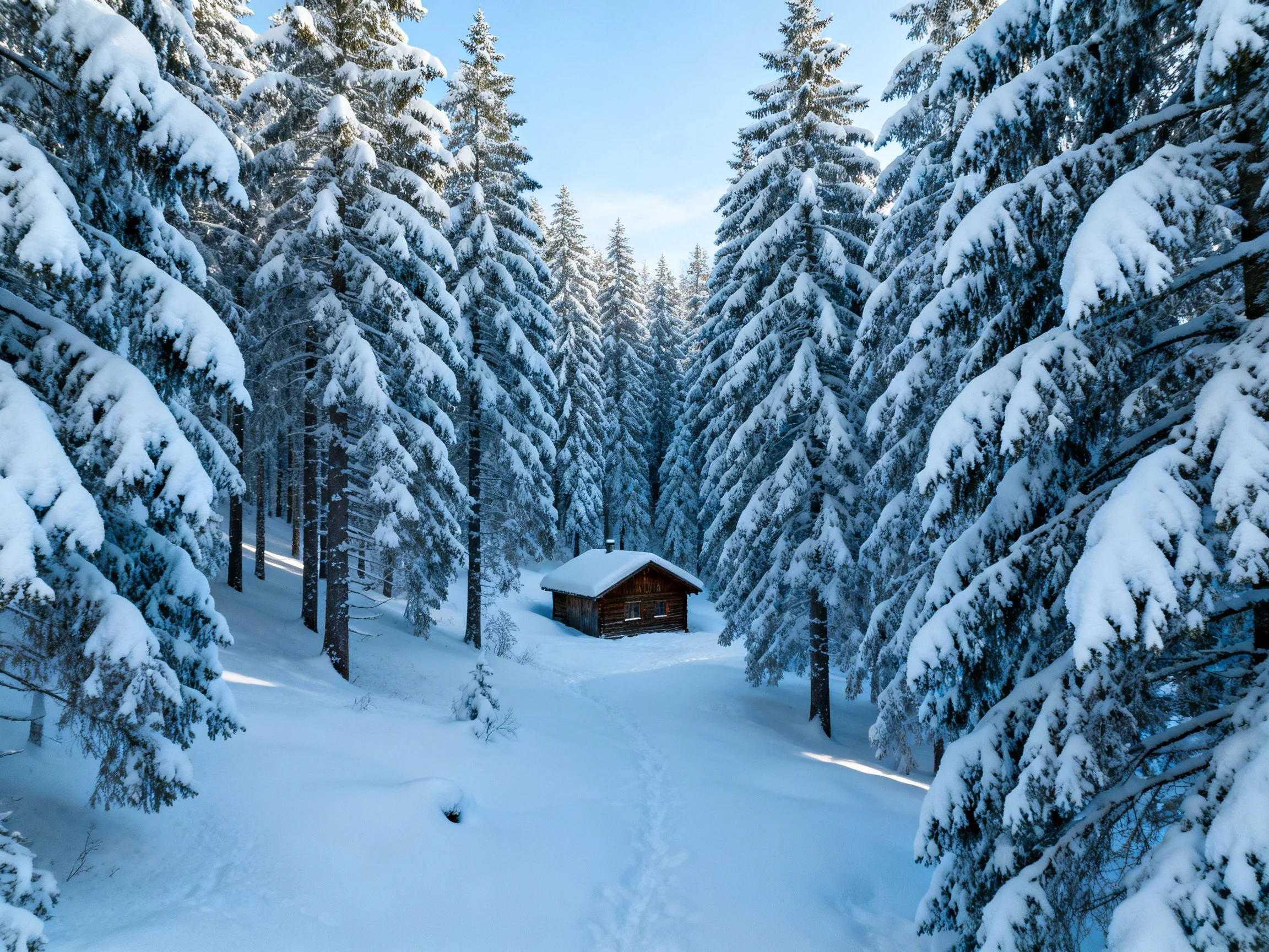 A cozy wooden cabin amid tall snow-laden evergreen trees