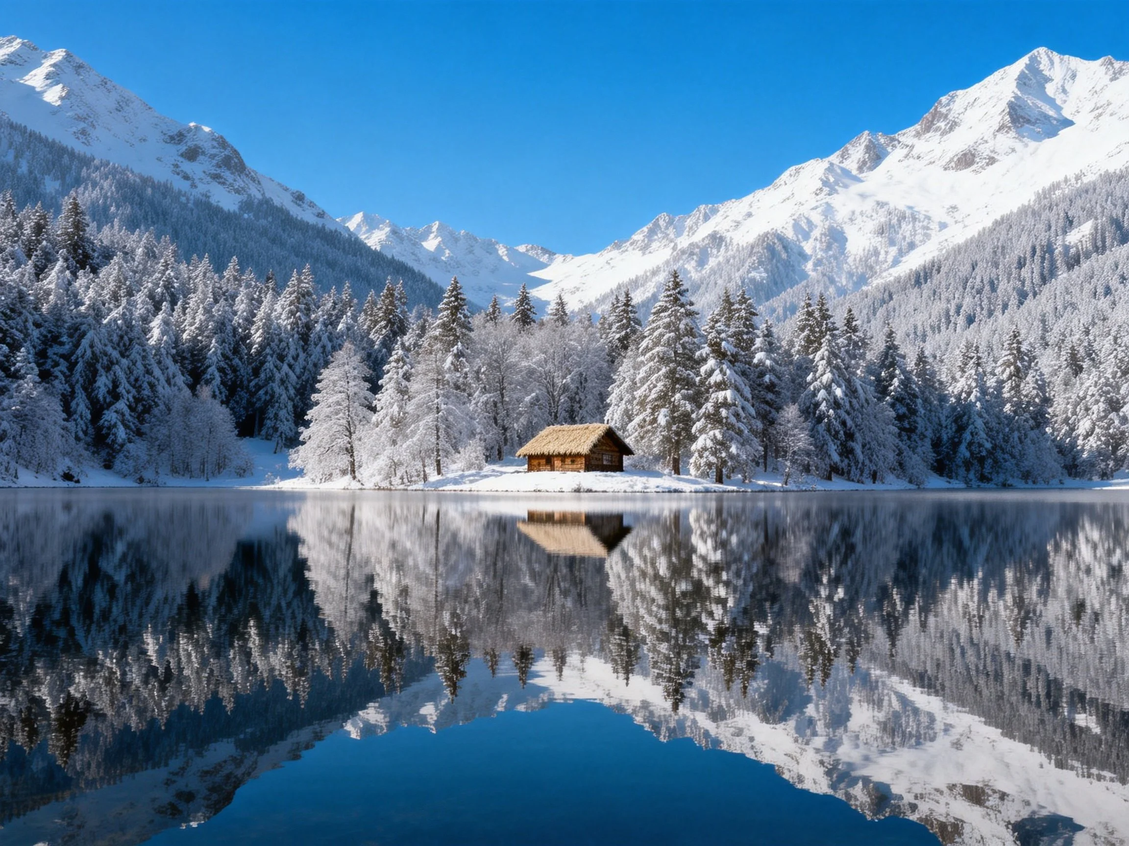 A cozy wooden cabin by a snow-covered mountain lake