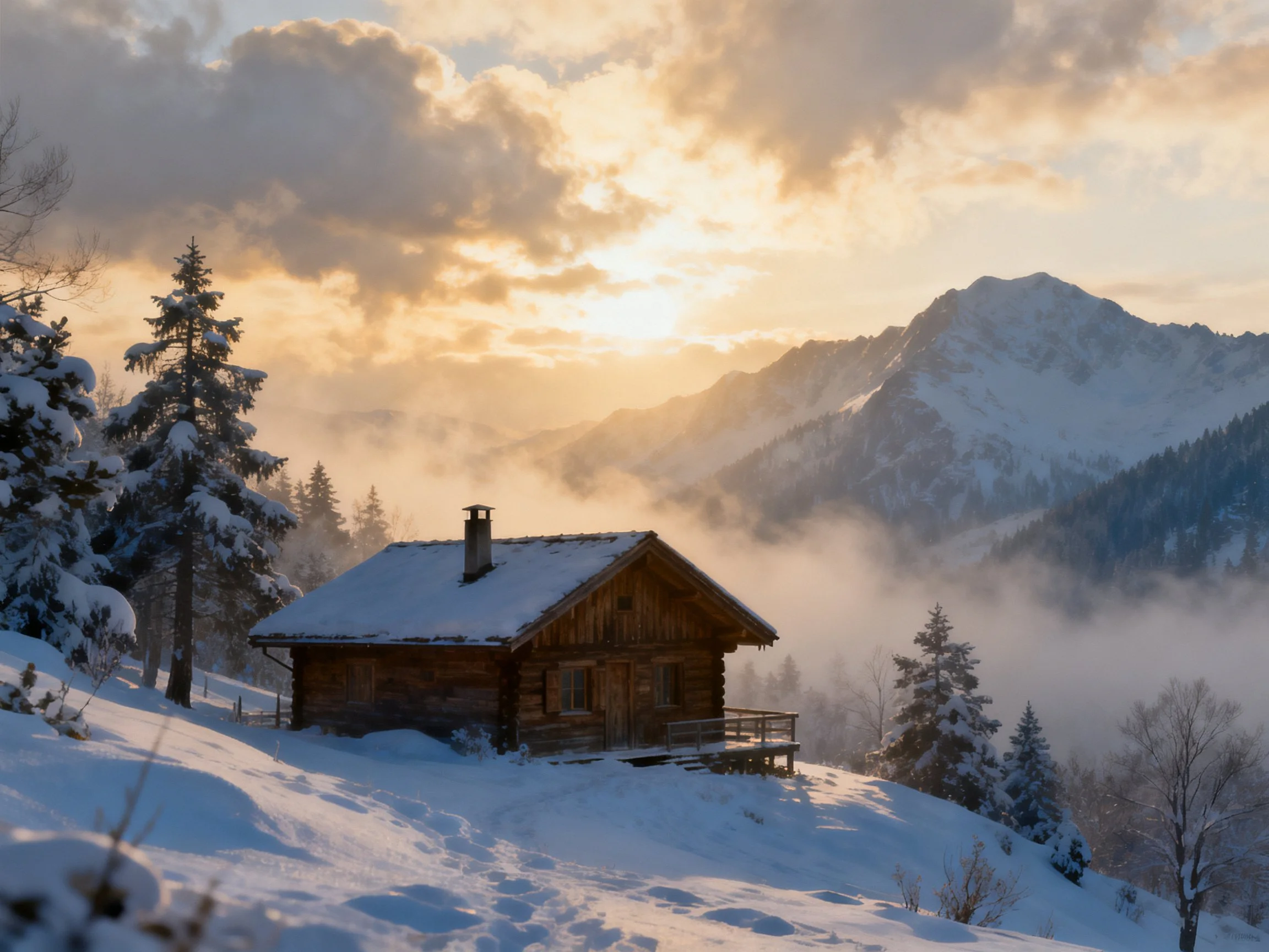 A cozy wooden cabin in a snow-covered mountainous forest at sunrise