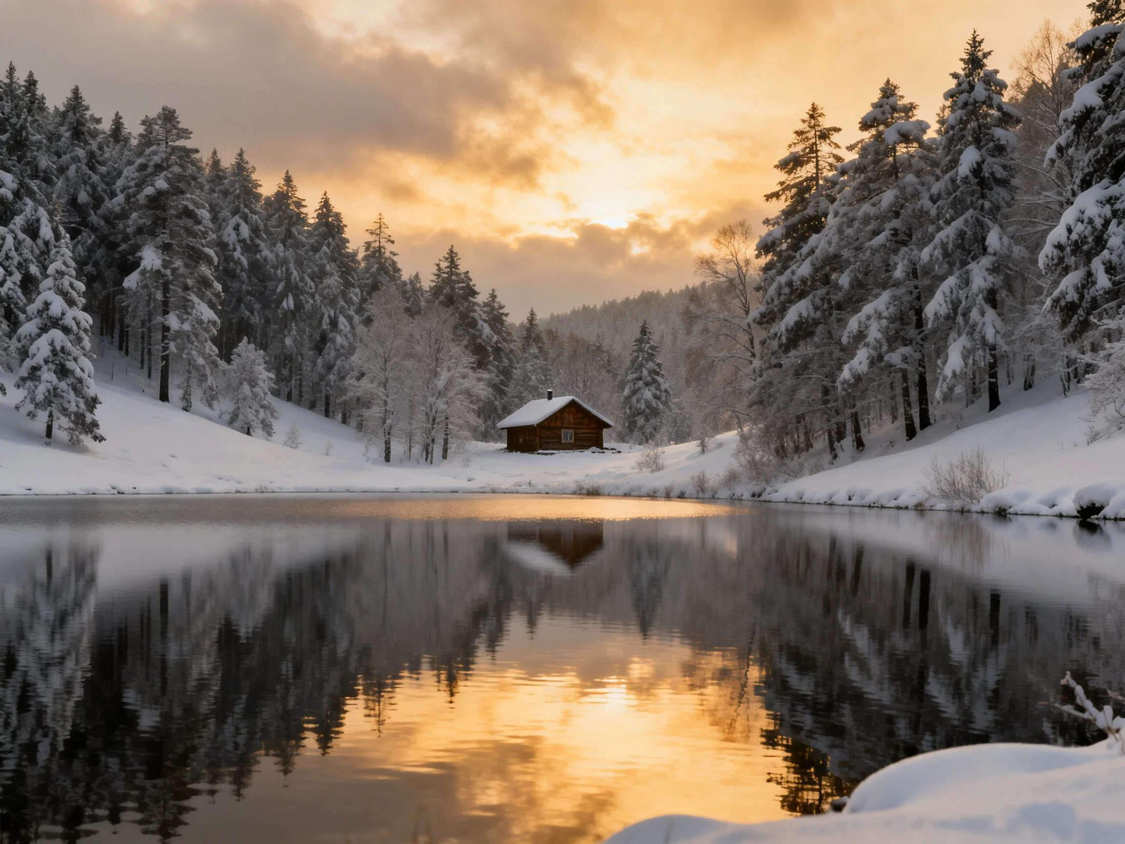 A cozy wooden cabin near snow-covered pine forests by reflective winter lake