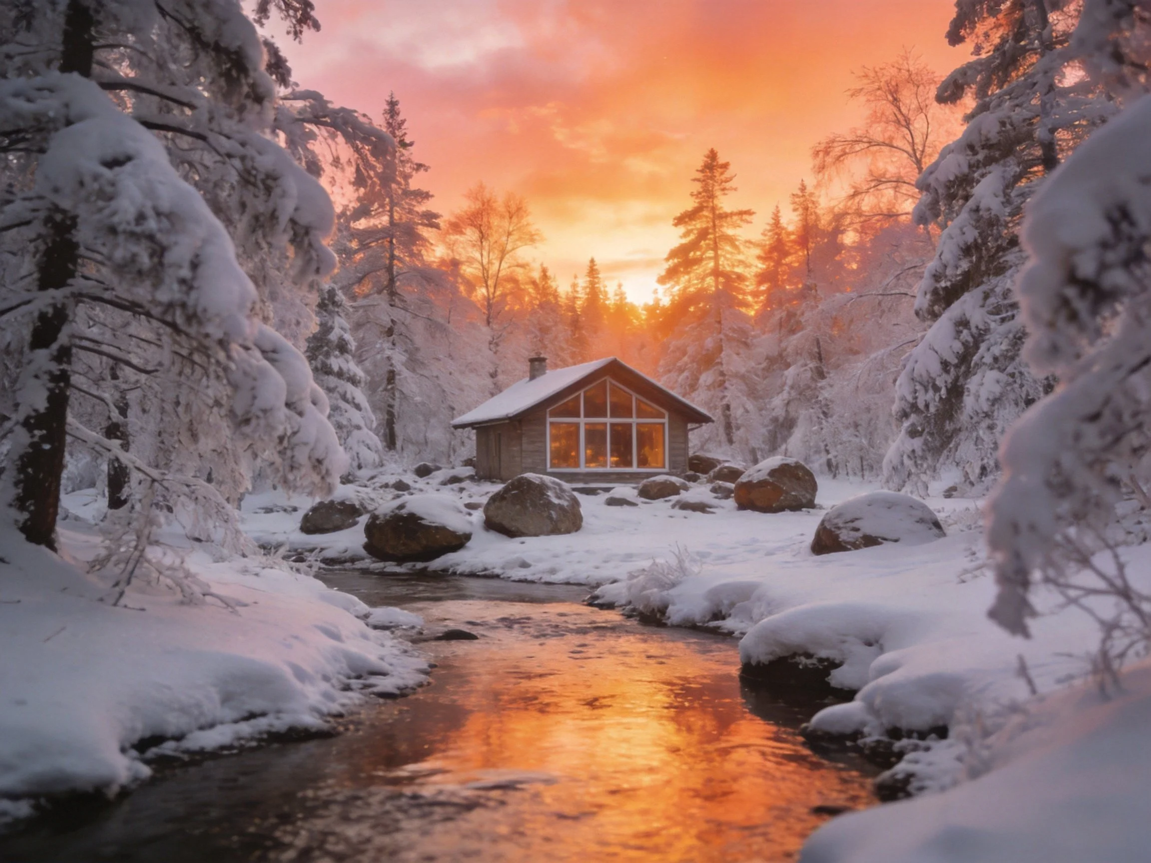 A cozy wooden cabin near snow-covered trees by a stream at sunset