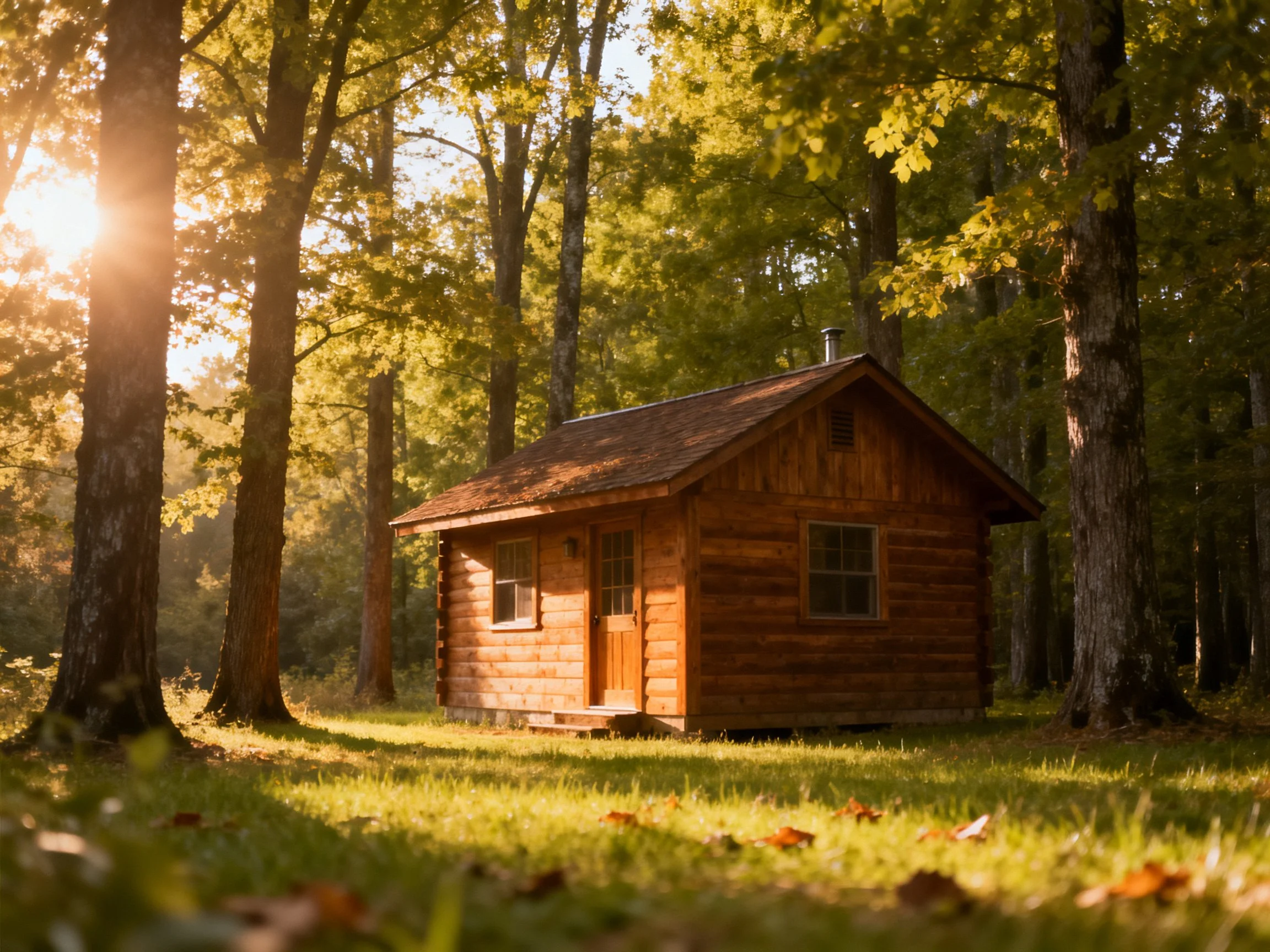 A cozy wooden cabin nestled among tall trees in golden sunlight