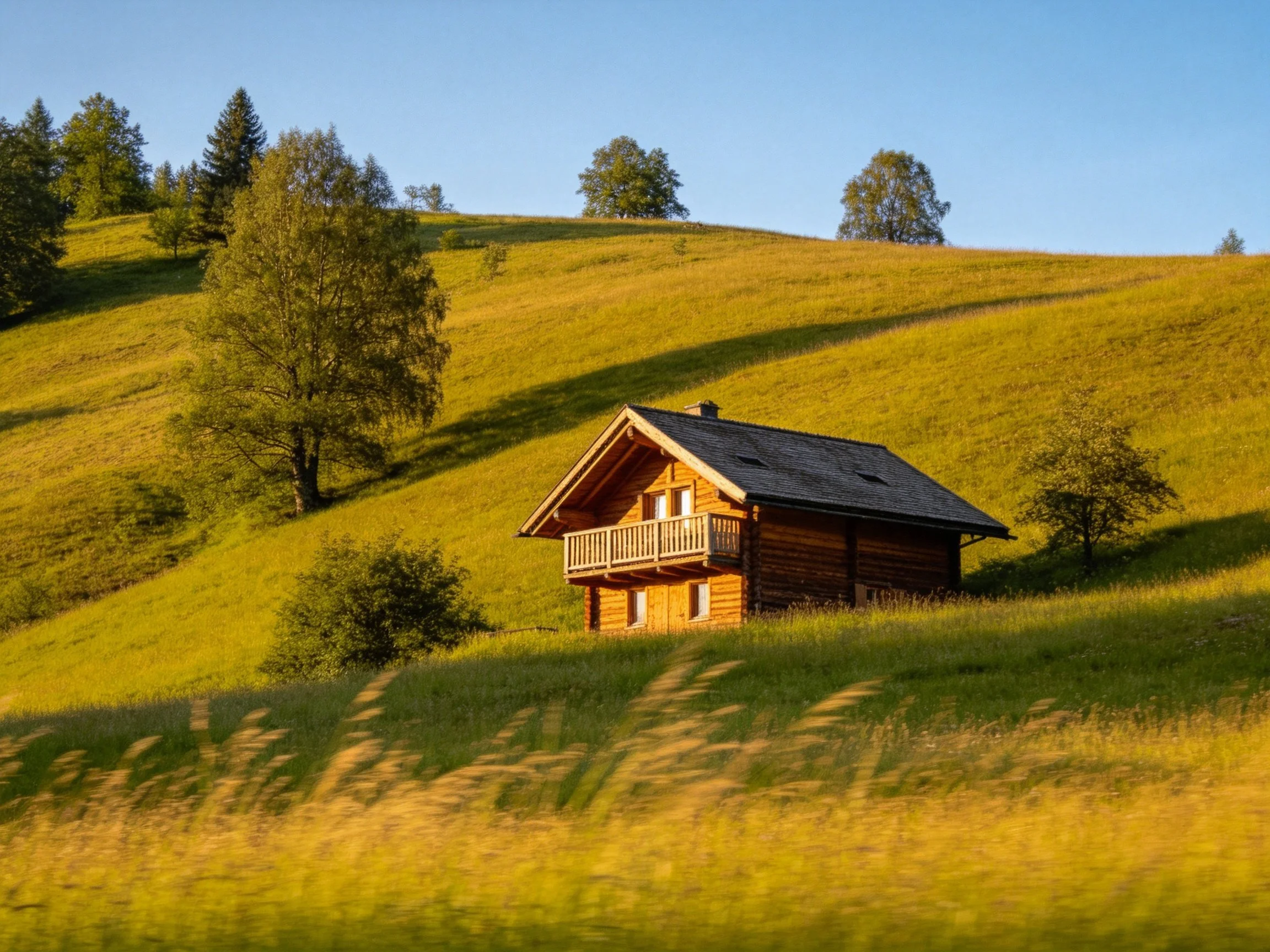 A cozy wooden cabin sits amid golden hills and scattered trees.