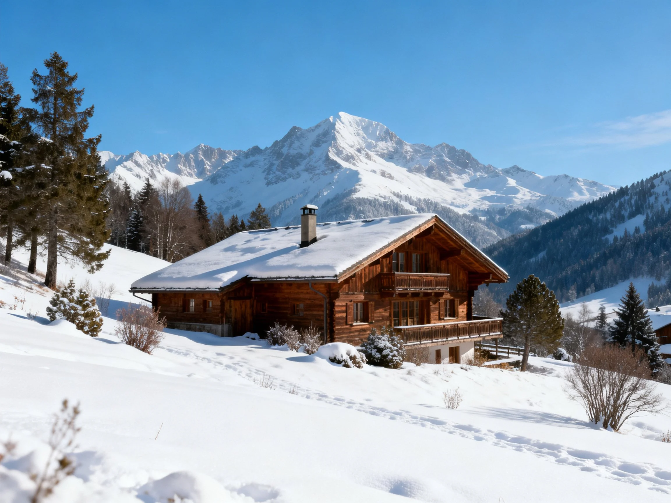 A cozy wooden cabin surrounded by snow - covered mountains under clear blue skies