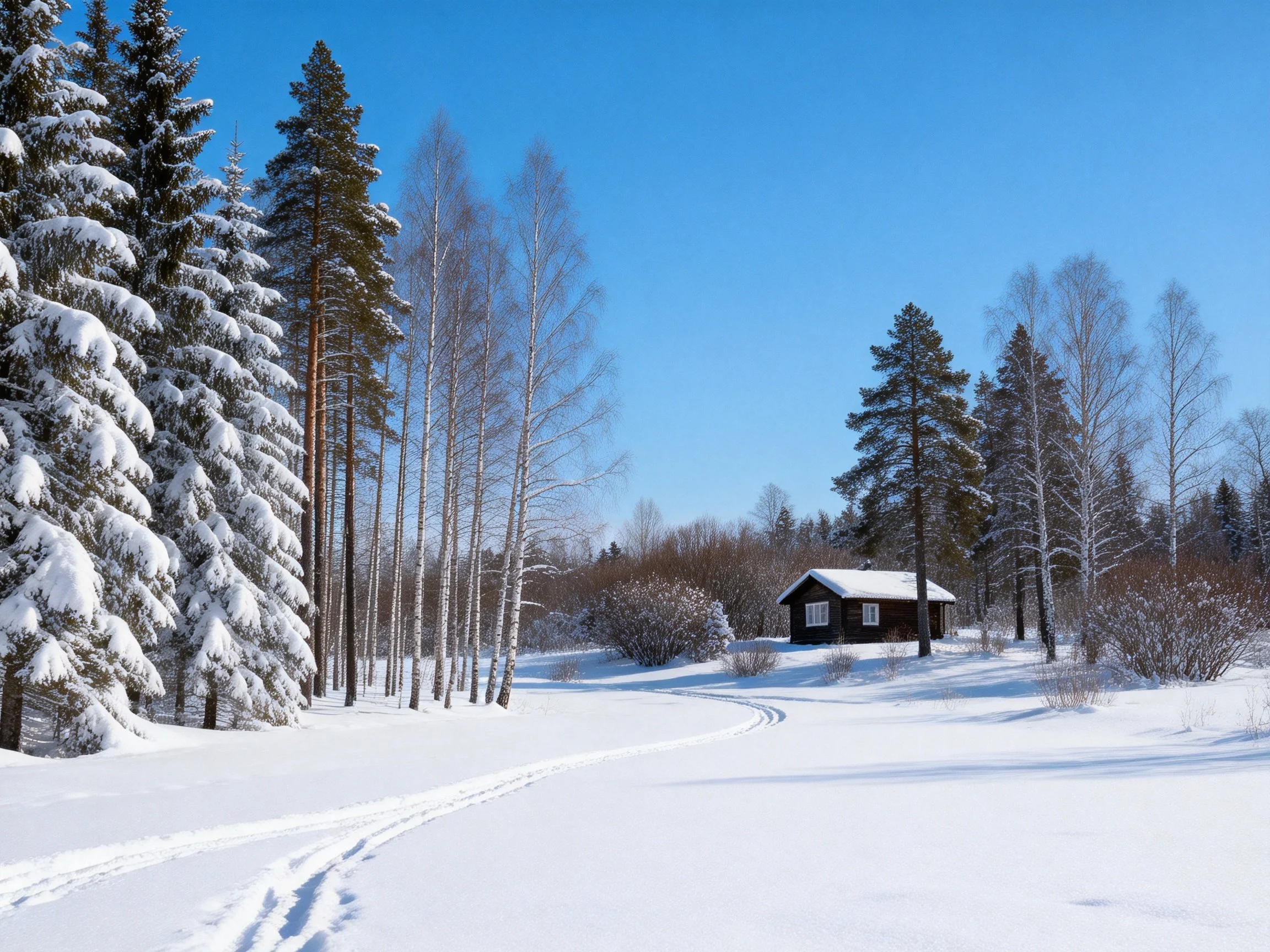 A cozy wooden cabin surrounded by snow-laden evergreens and birches