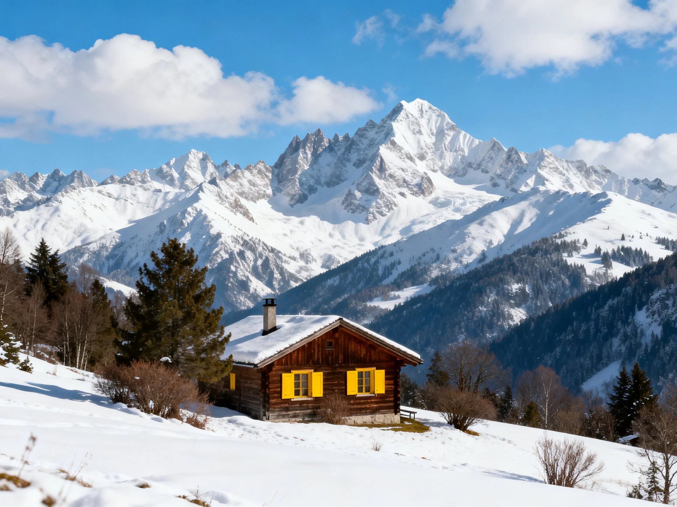 A cozy wooden cabin with yellow shutters near snow-capped mountains