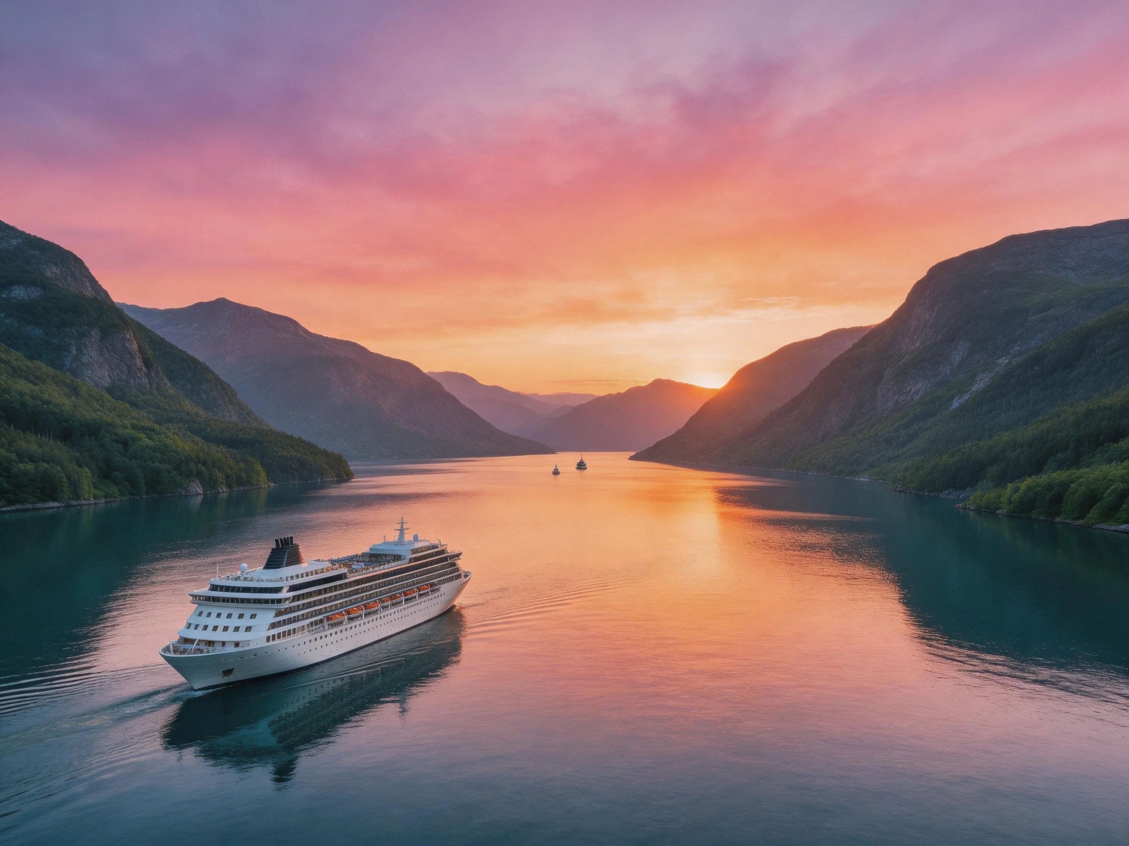 A cruise ship sails through a mountain fjord at sunset