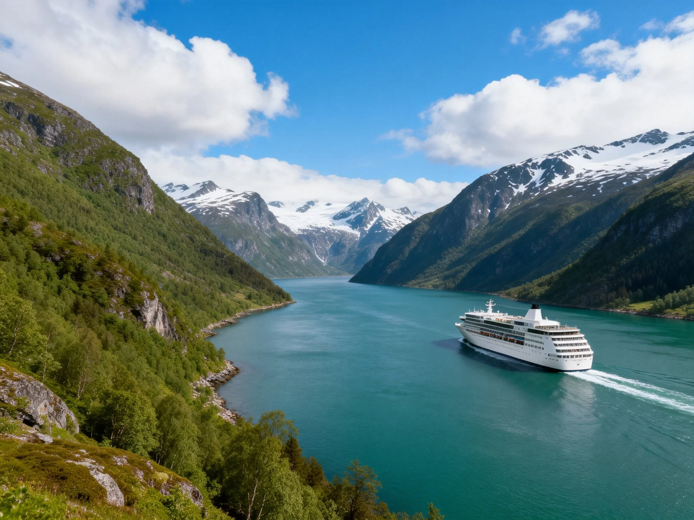 A cruise ship sails through turquoise waters between lush green mountains and snow-capped peaks