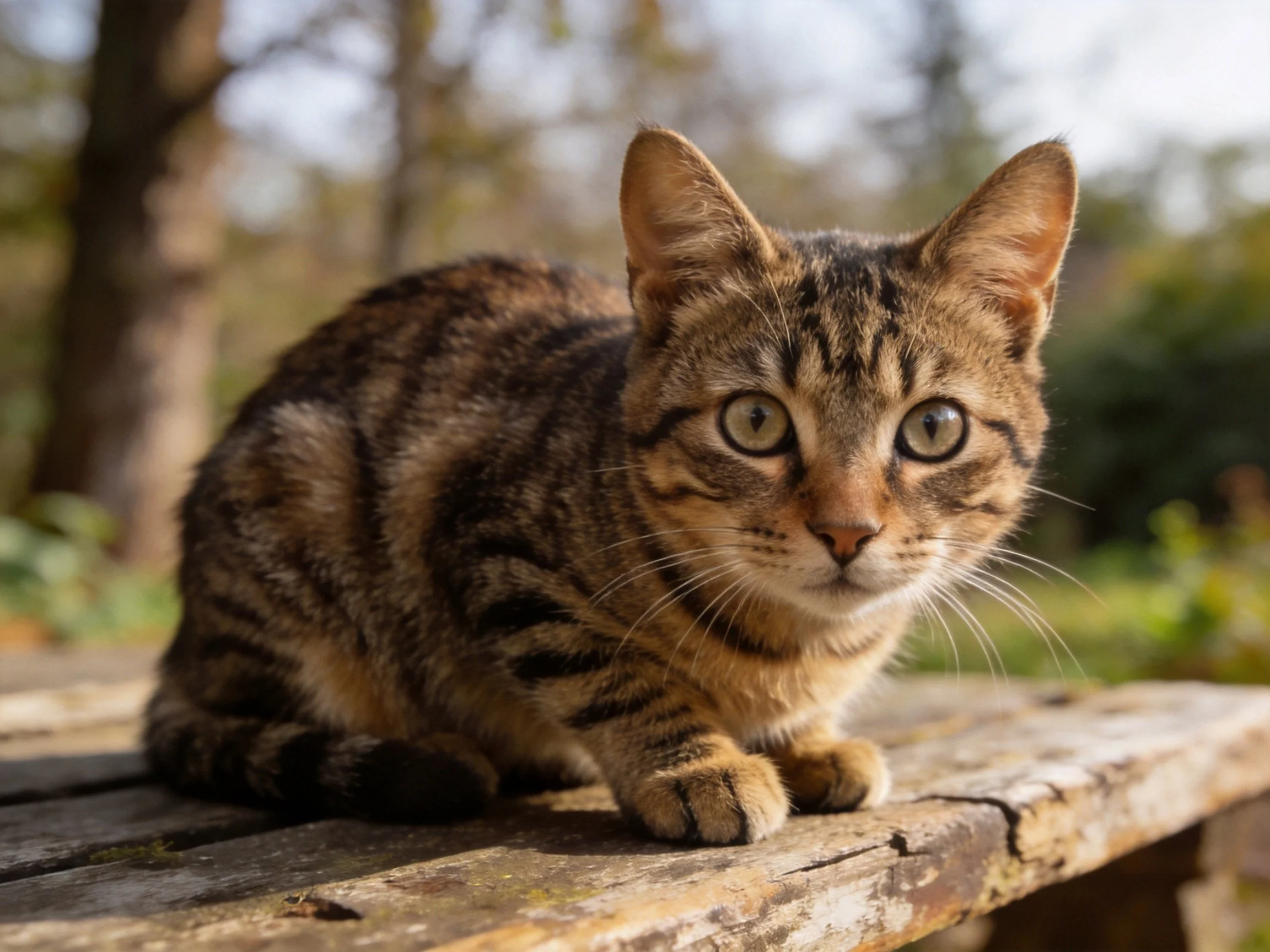 A curious brown tabby kitten on a weathered wooden bench