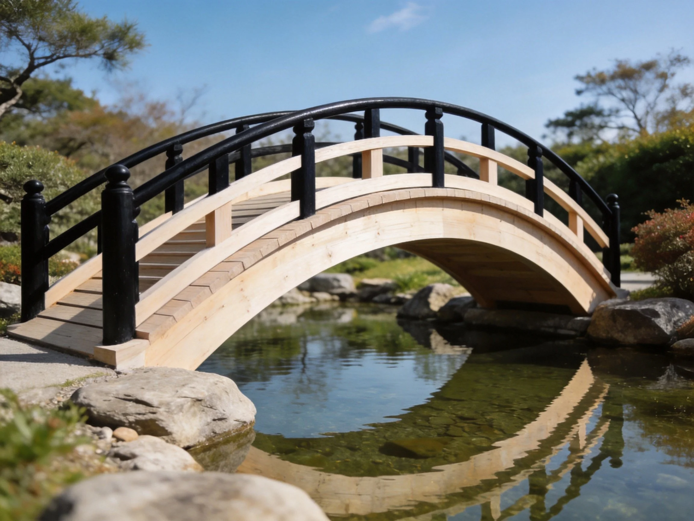 A curved wooden bridge with black railings spans a calm pond