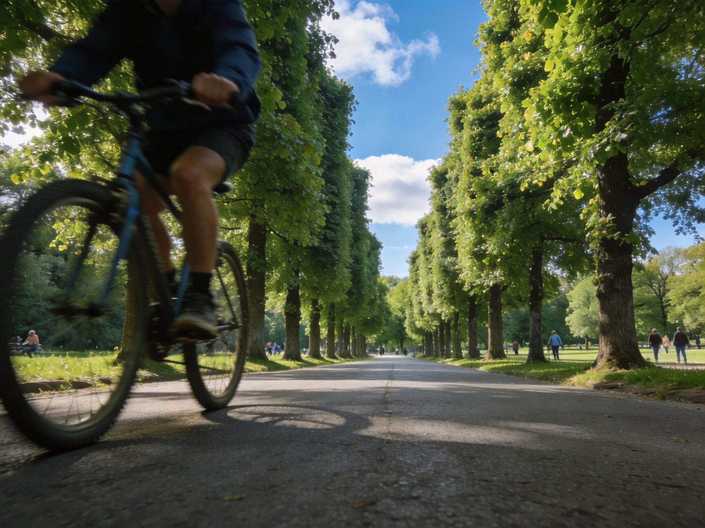 A cyclist rides a blue bike along a tree-lined park path